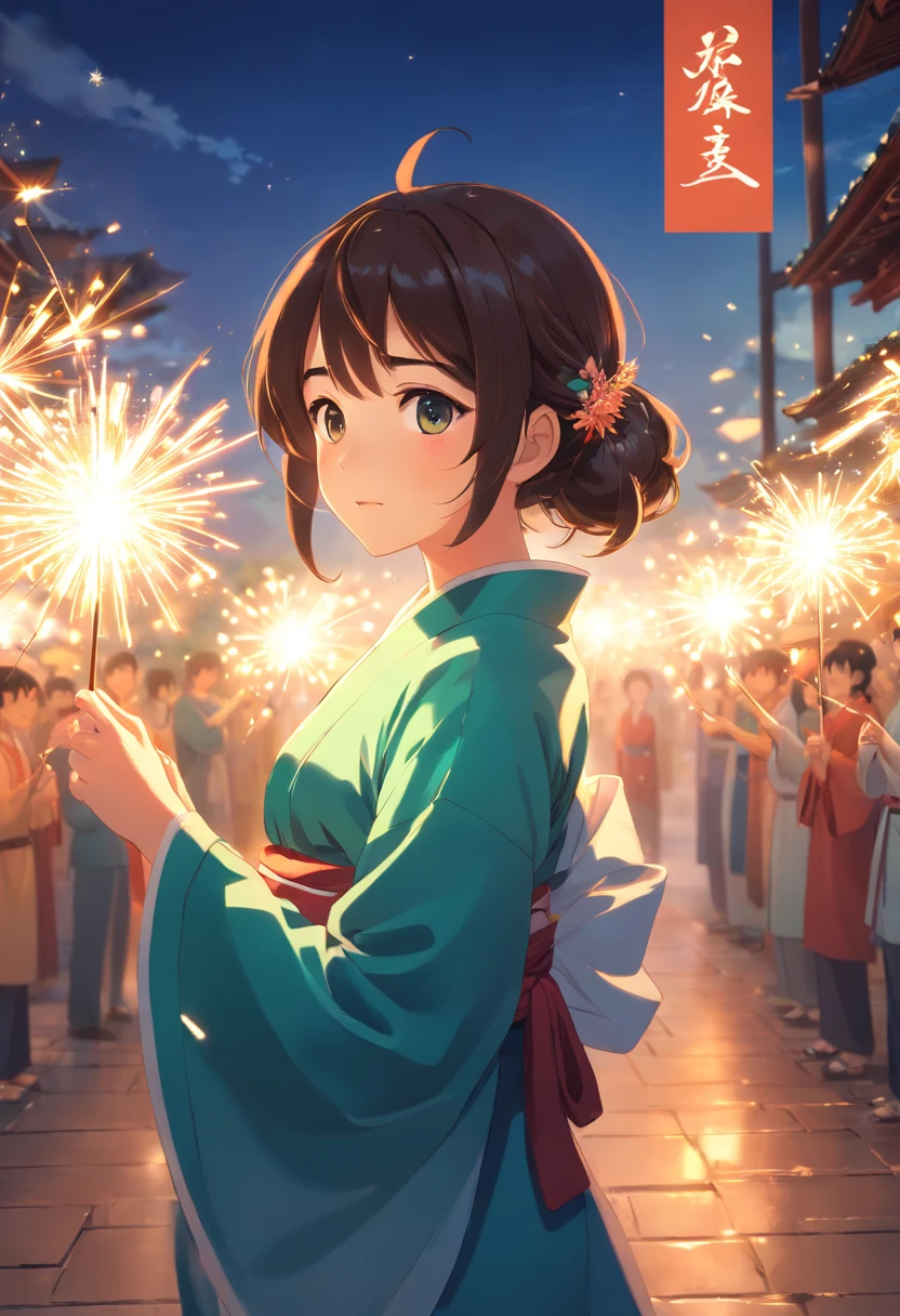 sparklers,Absolutely beautiful girl,laughingly,Hanfu,Vista Lantern