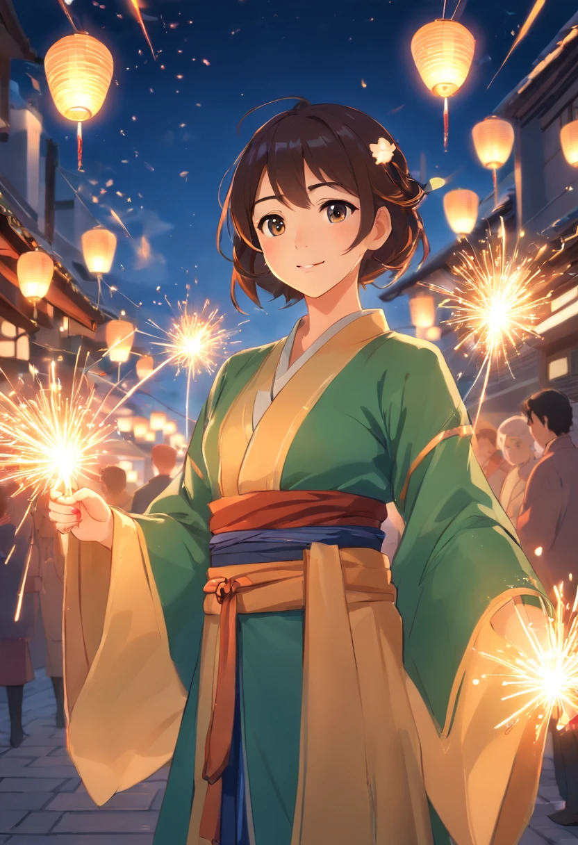sparklers，Absolutely beautiful girl，laughingly，Hanfu，Vista Lantern