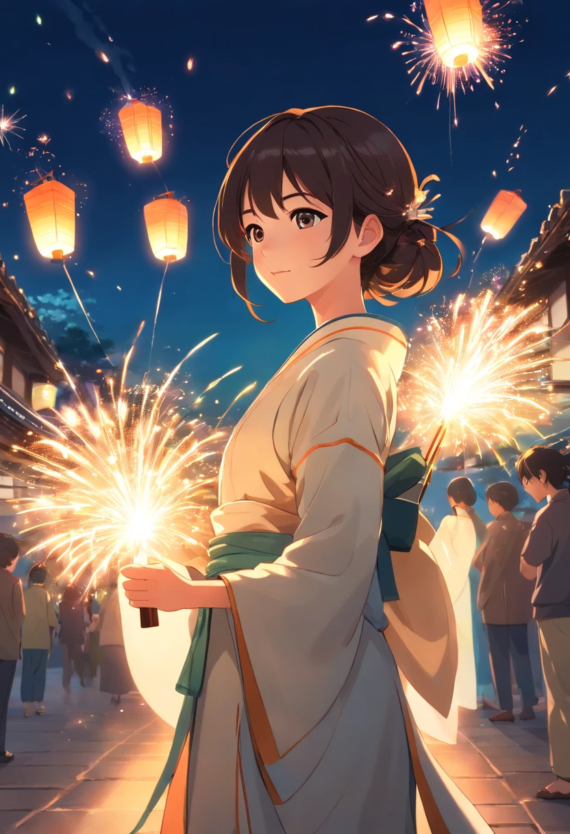 sparklers,Absolutely beautiful girl,laughingly,Hanfu,Vista Lantern
