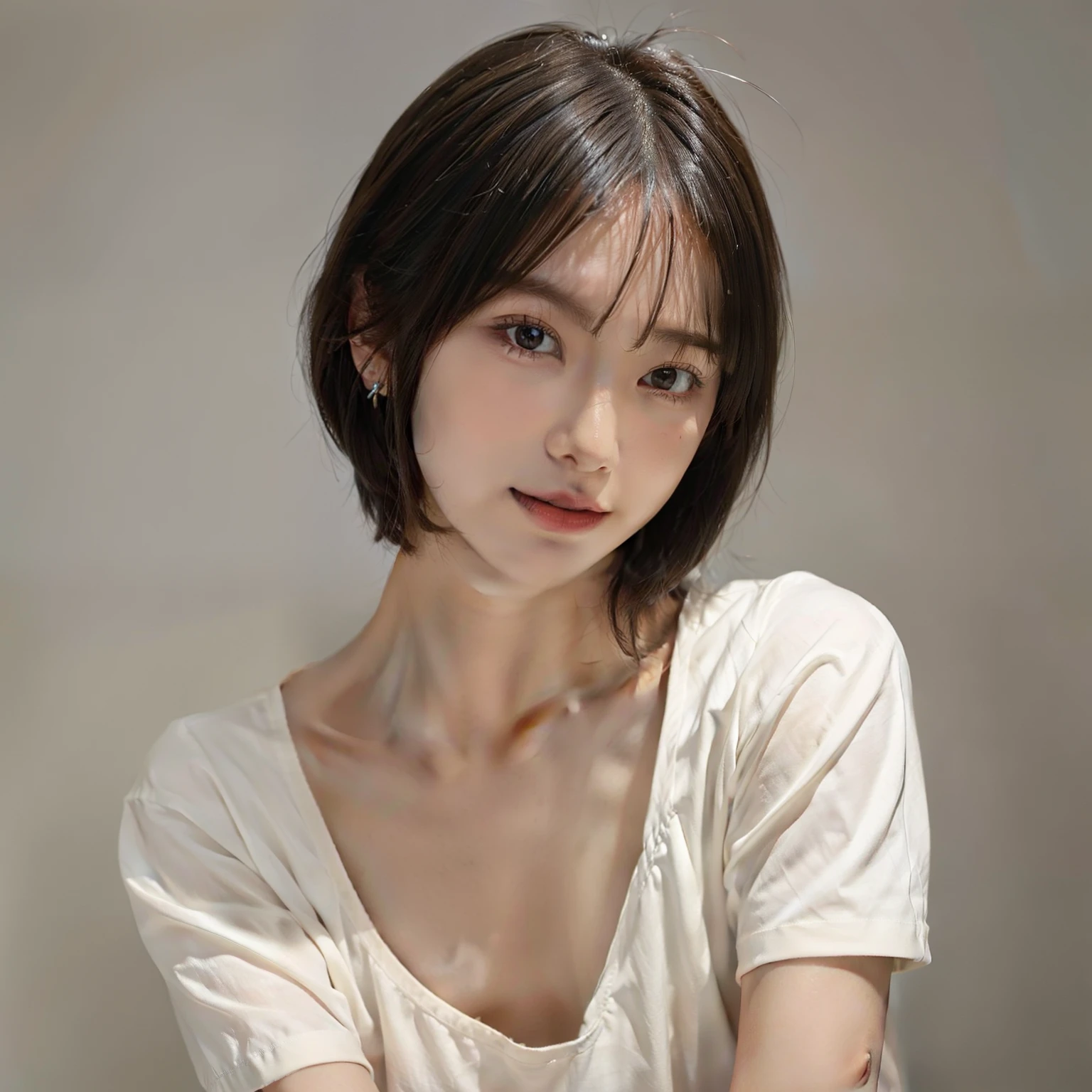 hightquality、8K、masuter piece:1.3))、1人の女性、25years old、A slender、T-shirt Beautiful Girl:1.3、(hairstyle on:Beige、Very Shorthair、、small tits )、Plain clothes T-shirt:1.2、White wall background、hyperdetailed face、A detailed eye、Double eyelids、Cute smile、Hair Model Styles、Oblique face、Very short hairstyles、Shorthair、Mashed Hair、fluffy hair、japanes、Like a real photo、Large piercings、White T-shirt Clothes、Bust-up angle of view、Oblique profile、Stronger gaps in the hair、1 female、Clear skin