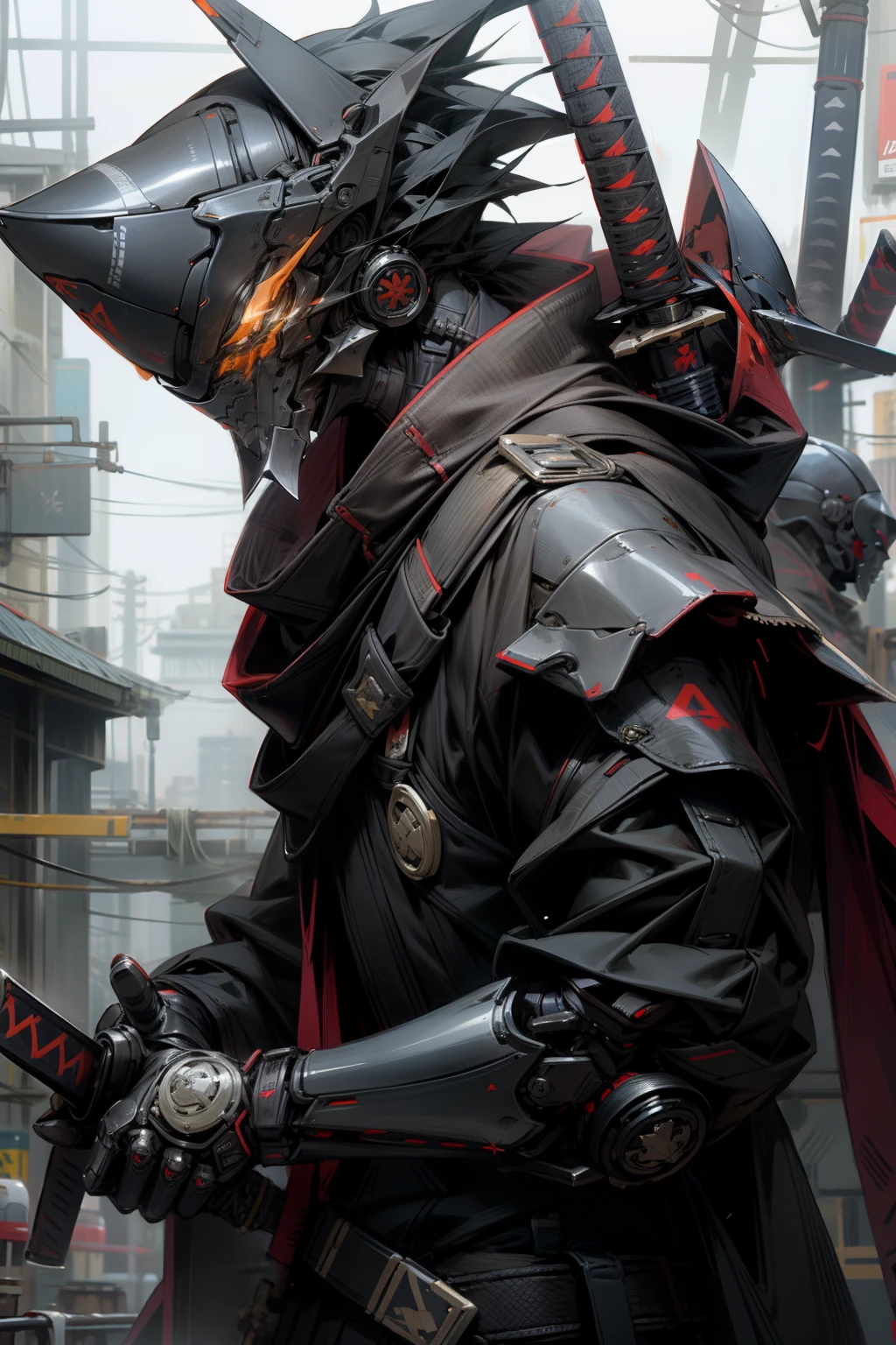 armadura samurai, cyberpunk, katana de enegia, negro