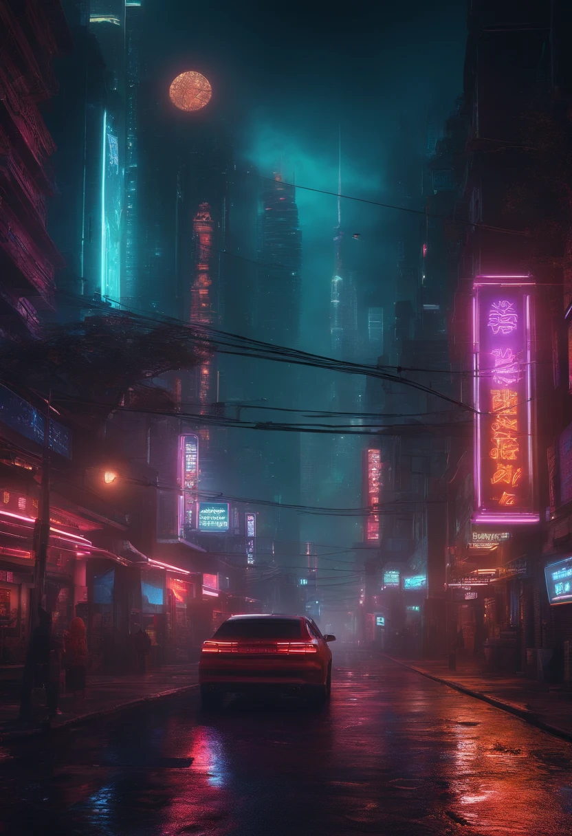 Neon-lit cyberpunk streets, futuristic cityscape, Dystopian art in the dark, Papel de parede 4k. Atmosfera chuvosa e nebulosa, evocando um futuro mal-humorado e desolador. tamanho 1280x720