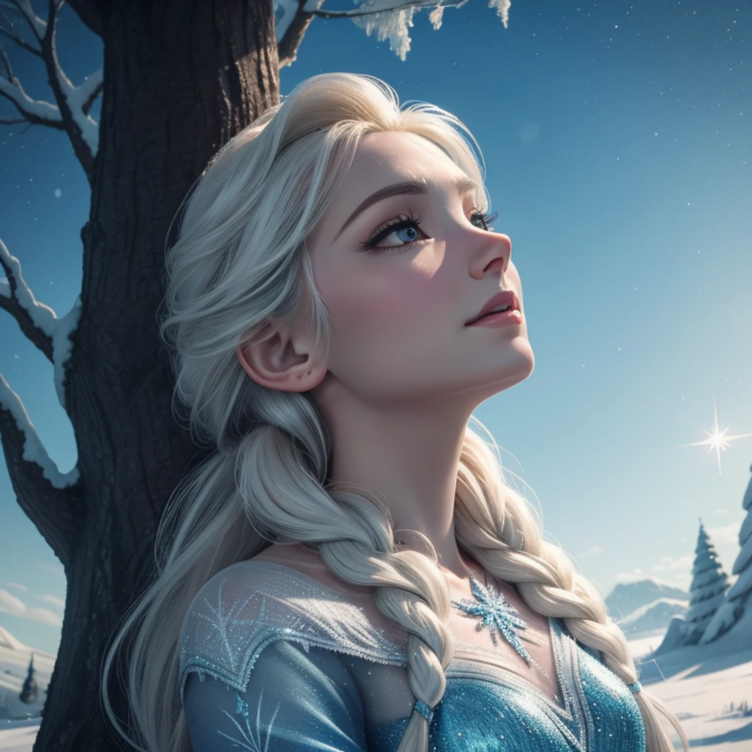 close-up of Elsa from Frozen sitting like a lady under a tree on ice and looking up at the sky, muitos detalhes, Beautiful, Elsa, Frozen, alta qualidade