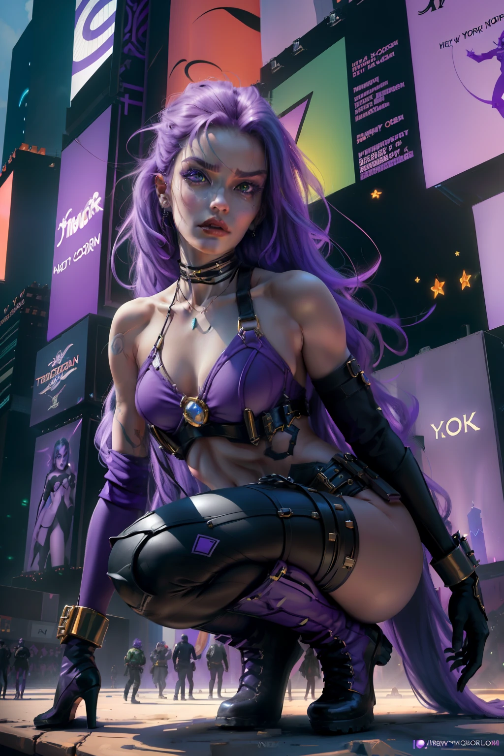 (new york :1.5), (time square :1.5)Starfire, whose real name is Koriand'r, is a DC Comics character and member of the Titans. She is an alien from the planet Tamaran and has a unique physical appearance and perfect clear pretty face:
Physical appearance:
Koriand'r has an exotic appearance and physical characteristics that distinguish her as a Tamaranean:
Skin Color: Her skin is orange, a reddish orange tone that is characteristic of her alien race. This is a notable feature that makes it easily recognizable.
Hair: Koriand'r has long, wavy purple or violet hair that falls to her shoulders or back.
Eyes: Her eyes are usually portrayed as green, and they can emit a green glow when she uses her powers.
Height and Physical Shape: She is tall and slender, with an athletic figure that reflects her superhuman strength and ability to fly.
Tipic clothes:
Starfire's costume is quite iconic and reflects her alien origin and star powers:
Bodysuit: She wears a form-fitting bodysuit that covers her entire body. The costume is usually in (purple or black color :1.5) and has star style details in green or gold. The bodysuit is often decorated with a star on the chest, which is a striking feature. Boots and Gloves: Starfire wears knee-high boots and gloves that match her outfit. These boots and gloves also often have stellar details, like stylized stars or sparkly patterns.
Belt: She usually wears a belt that can be decorated with a star as a buckle.
Hair: she usually wears her hair down long, which adds an additional touch of exoticism to her look. (Minimum clothing: 1.5), (large breasts: 1.3), (hanging breasts: 1.5), (disproportionate breasts: 1.4), ( realism:1.5), (Realisitc:1.4), (Absurd:1.4), 8k, ultra-detailed, detailed handsome man, (only:1.4) , 1girl, (Viewer facing:1.2), Intricate body details, (Curvy :1.3),(short:1.3