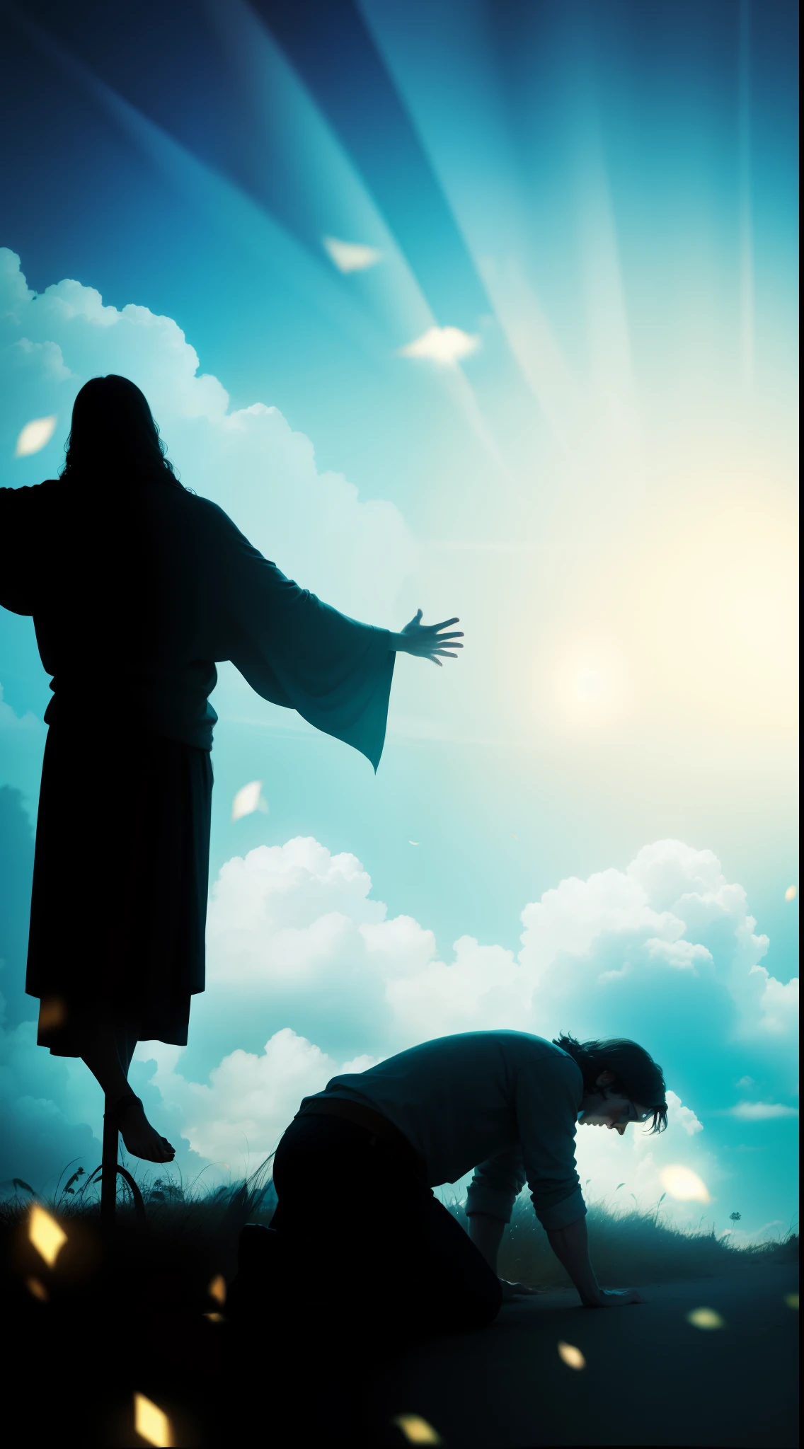 Jesus Christ and a man kneeling on the ground