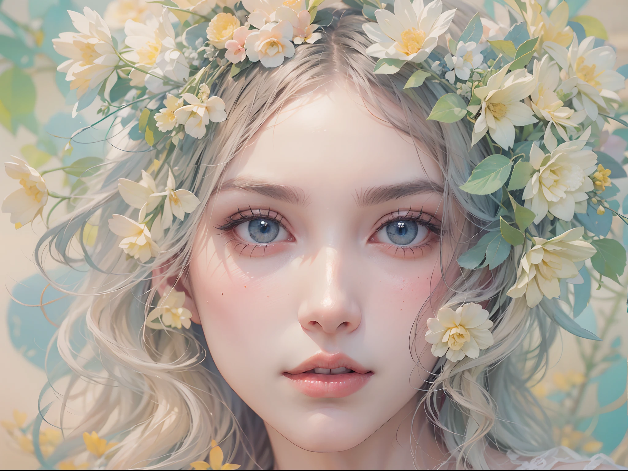 Women and bouquets,She looked at me with very beautiful and kind eyes.Detailed Schneider pastel ink, soft and fantastic, Fluffy, (Extremely fine and beautiful), (perfect detail)、(Pastel color),Soft texture:1.2.(masutepiece, Best quality), (finely detailed beautiful eye), (finely detailed eyes and detailed face),The hue is also noticeably brighter.Pale blurred silhouette