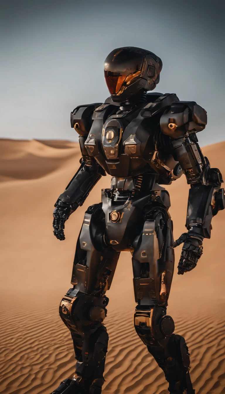 a close-up portrait of a black camo robot in the sahara, human-sized mecha robot, mech robot futuristic, futuristic robot, mech robot, robot made of gun parts, robot metallic armor, futuristic robot devil, humanoid mech, concept robot, gangsta robot, metal robots, saudi futuristic warrior mecha, robot suit, mega humanoid mech, robot with serious expressive optics that have pupils staring at camera, black camouflage plating, red CRT optics with golden pupils, expressive face
