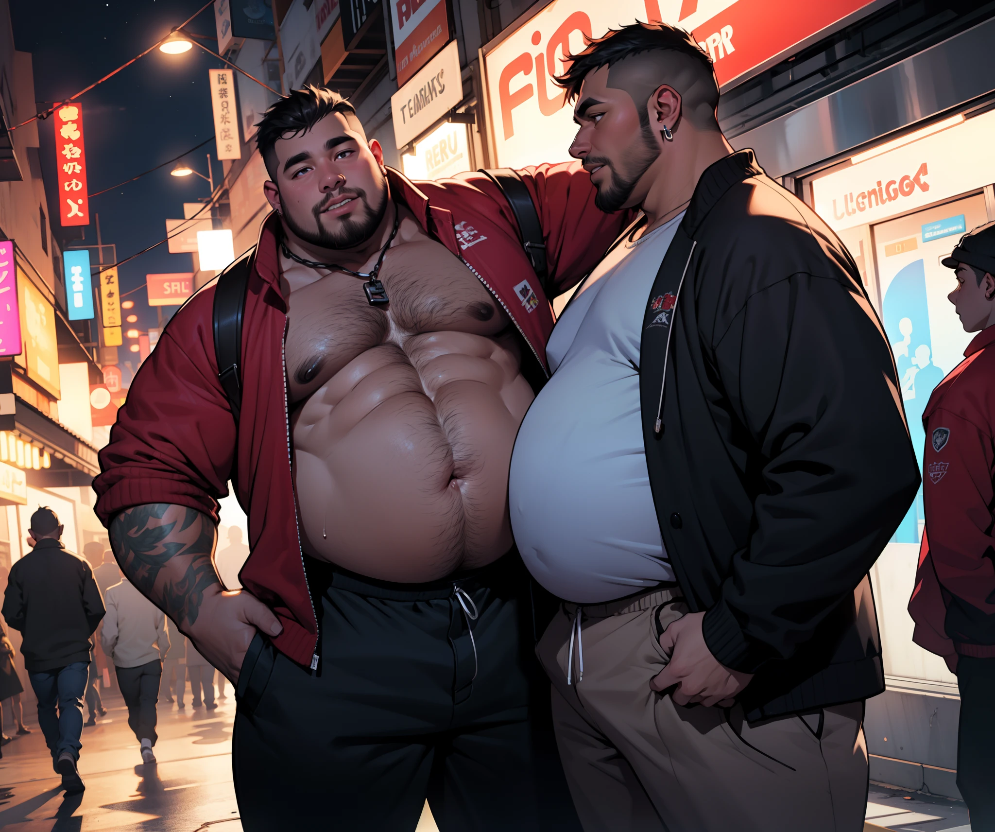 Two men，fat guy，short detailed hair，the night，Fingers touched through the clothes，Hands on each other's furry stomachs，Open your clothes，drools，Ear ring，black sock，Very fat, Enlarged belly，tmasterpiece，very high res，Cinematic lighting effects，Exposed Body，Plush pot-bellied，Thick thighs，the night，Bustling streets，ultra-wide-angle，360 degree panorama，in a panoramic view