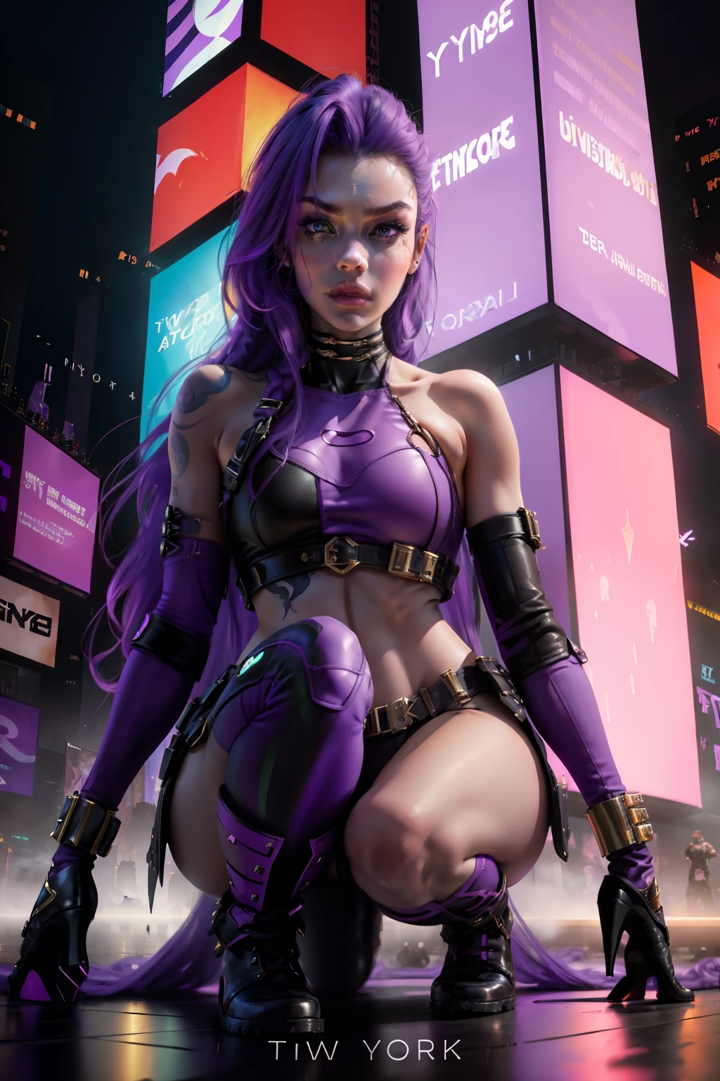 (new york :1.5), (time square :1.5)Starfire, whose real name is Koriand'r, is a DC Comics character and member of the  Titans. She is an alien from the planet Tamaran and has a unique physical appearance and perfect clear pretty face:
Physical appearance:
Koriand'r has an exotic appearance and physical characteristics that distinguish her as a Tamaranean:
     Skin Color: Her skin is orange, a reddish orange tone that is characteristic of her alien race. This is a notable feature that makes it easily recognizable.
     Hair: Koriand'r has long, wavy purple or violet hair that falls to her shoulders or back.
     Eyes: Her eyes are usually portrayed as green, and they can emit a green glow when she uses her powers.
     Height and Physical Shape: She is tall and slender, with an athletic figure that reflects her superhuman strength and ability to fly.
Tipic clothes:
Starfire's costume is quite iconic and reflects her alien origin and star powers:
     Bodysuit: She wears a form-fitting bodysuit that covers her entire body. The costume is usually in (purple or black color :1.5) and has star style details in green or gold. The bodysuit is often decorated with a star on the chest, which is a striking feature. Boots and Gloves: Starfire wears knee-high boots and gloves that match her outfit. These boots and gloves also often have stellar details, like stylized stars or sparkly patterns.
     Belt: She usually wears a belt that can be decorated with a star as a buckle.
     Hair: she usually wears her hair down long, which adds an additional touch of exoticism to her look. (Minimum clothing: 1.5), (large breasts: 1.3), (hanging breasts: 1.5), (disproportionate breasts: 1.4), ( realism:1.5), (Realisitc:1.4), (Absurd:1.4), 8k, ultra-detailed, detailed handsome man, (only:1.4) , 1girl, (Viewer facing:1.2), Intricate body details, (Curvy :1.3),(short:1.3