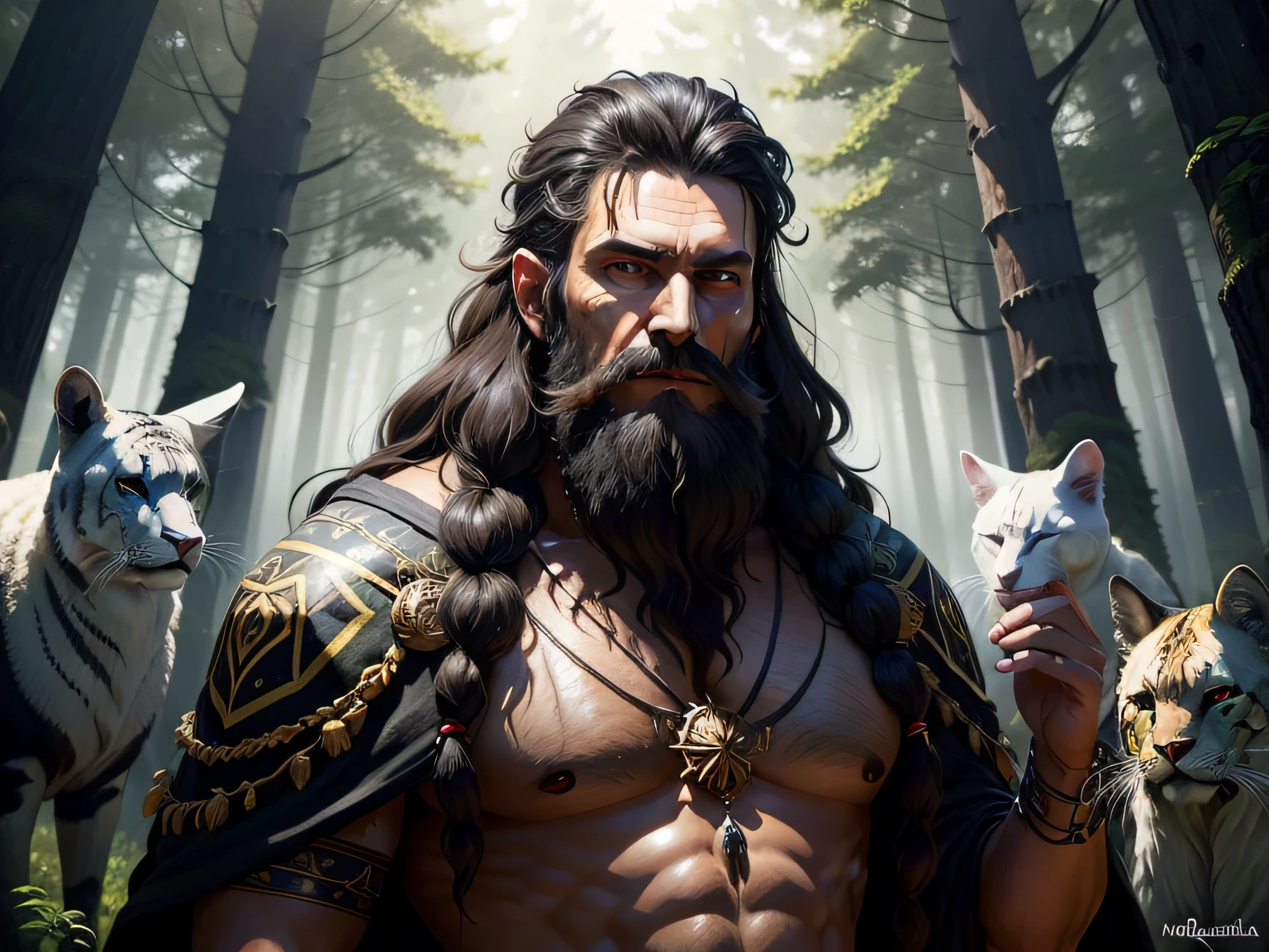Powerful druid in a forest with various animals. The druid is tall tanned and has a black beard, maquillages tribaux sur le visage. Portrait fantastique en style peinture
