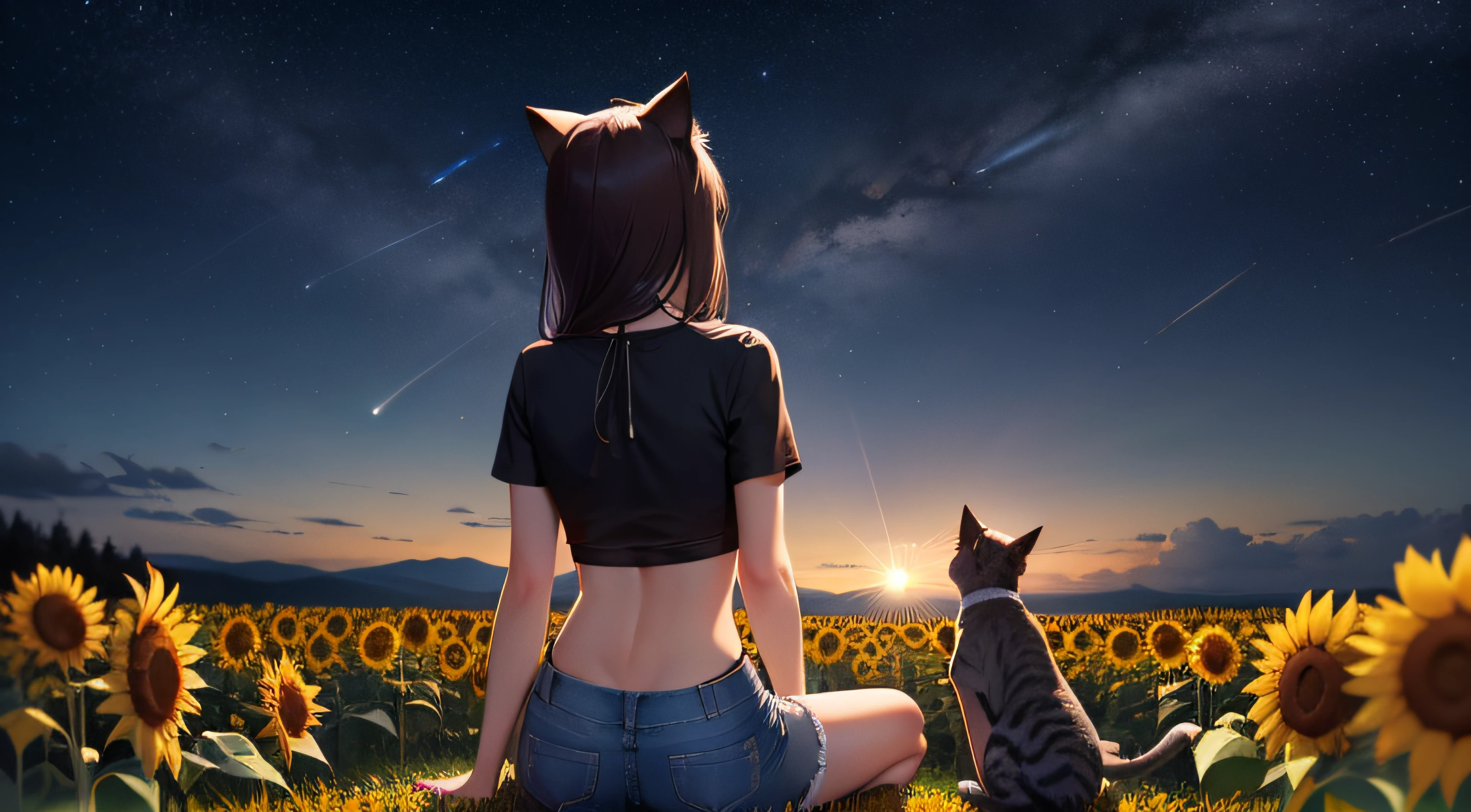 cropped backview, girl with a cat head, cat ears, wearing a plain black cropped top with short sleeves, short denim shorts, sitting in the middle of a field of sunflowers, on a starry night with a view of the milky way