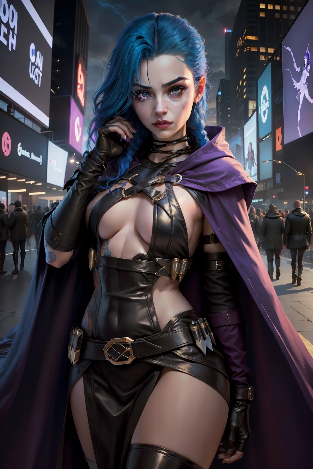 (new york: 1.5), (time square 1.5), Raven, whose real name is Rachel Roth, is a DC Comics character known for being a member of the Titans. She has a distinct physical appearance and attire, which reflect her mystical nature and supernatural powers. Here is a detailed description of her physical appearance and clothing:
Physical appearance:
Skin Color: Raven has pale, white skin, which sets her apart from many other DC Comics characters.
Hair: Her hair is long and dark, usually black or dark blue. It is smooth and can be seen covering part of her face.
Eyes: Ravenna's eyes are one of her most distinctive features. They are usually portrayed as large, glowing violet or blue eyes, which reflect her alien heritage.
Height and Physical Shape: She is a woman of average height, with a slender, athletic figure, although she usually wears clothing that covers her from head to toe.
Tipic clothes:
Raven's costume is dark and mysterious, Dark Blue Cloak: She wears a long dark blue cloak and hood that covers most of her body. This cloak is an iconic feature of her appearance and is often used to hide her face and body from direct light.
High Collar: The cloak has a high collar that is pulled up, usually covering your chin and part of your face.
Belt and Buckle: Raven usually wears a belt with a gothic-style buckle, which accentuates her outfit.
Boots: She wears tall boots that match the color of her cloak, often with decorative details.
Gloves: Her gloves are generally long and match the rest of her attire, (slender body: 1.5), (minimum clothing: 1.5), (large breasts: 1.3), (hanging breasts: 1.5), (disproportionate breasts: 1.4) , (realism:1.5), (Realisitc:1.4), (Absurdity:1.4), 8k, ultra-detailed, detailed handsome man, (only:1.4) , 1girl, (Viewer facing:1.2), Intricate body details, (Curvy:1.3),(short:1.3)