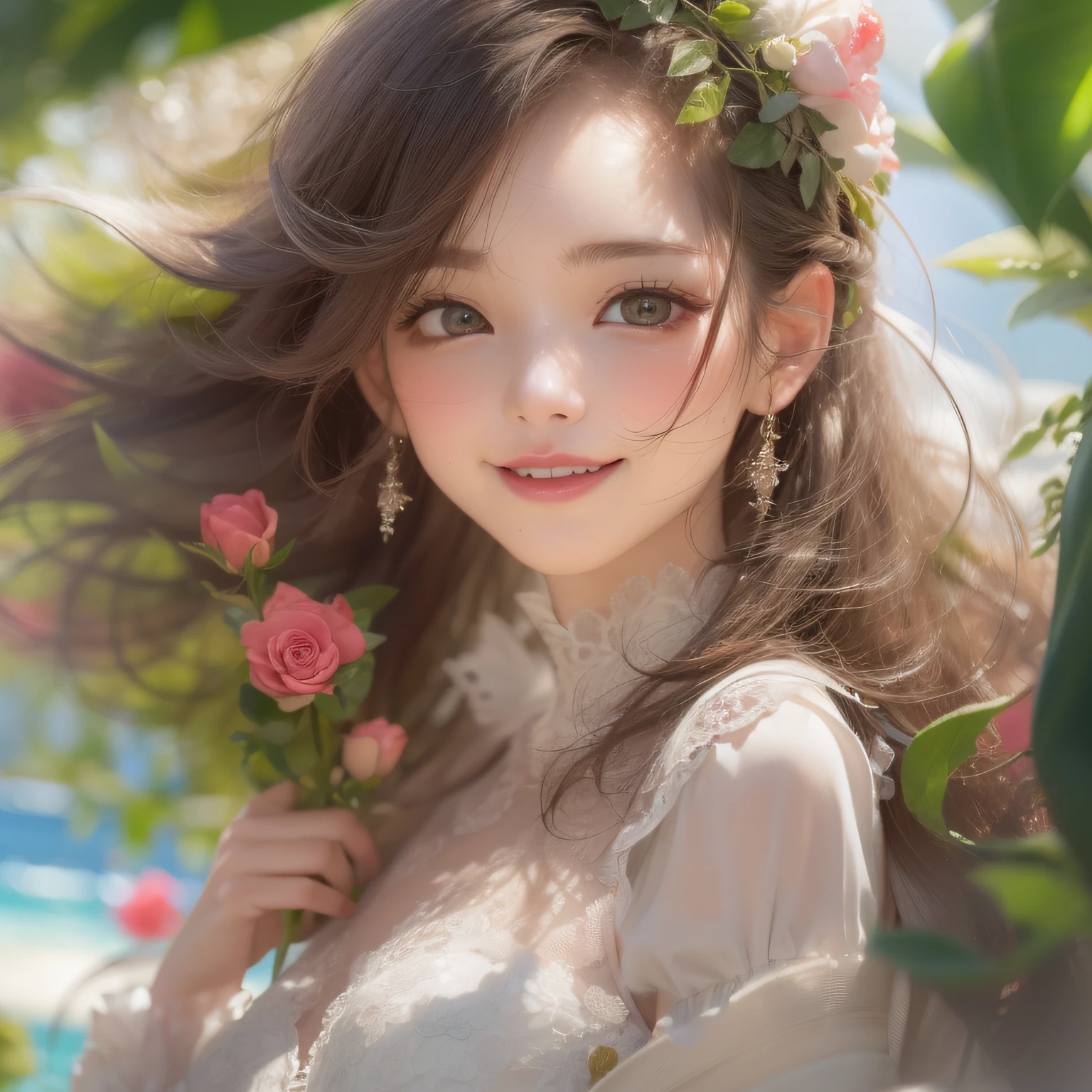 Best quality, masterpiece, super high resolution, (realistic: 1.4), original photo, 1 girl, hairpins, earrings, jewelry, brown hair, looking at the viewer, lips, playful, among the flowers, happy, lively, with straw hat, flowers
