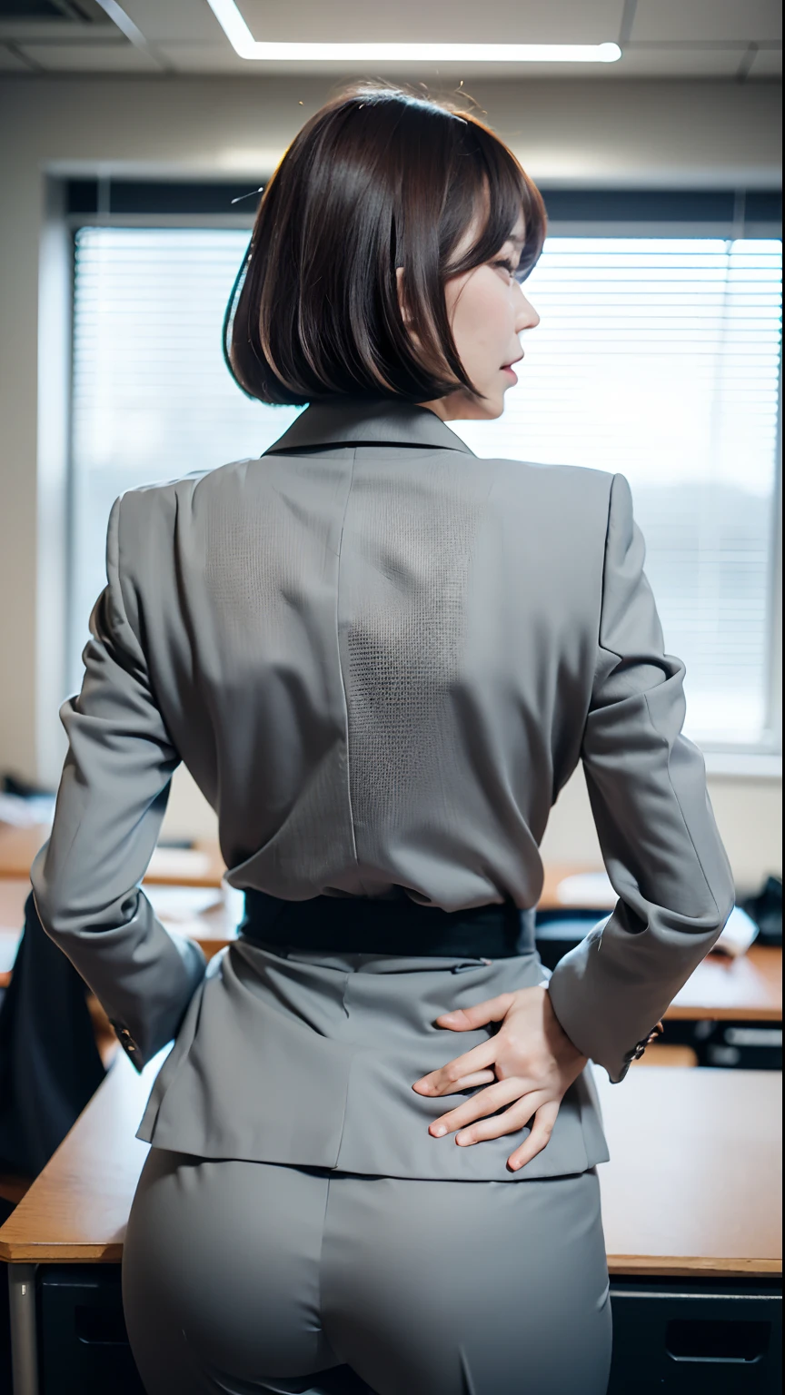 (Best quality, 8k, 32k, Masterpiece, UHD:1.2), 1girl, beautiy Japanese woman, narrow waist, grey suit, open jacket, office lady, suit, pants, from behind, office room, desk,  (stick out one's buttocks:1.2), detailed face, short hair,