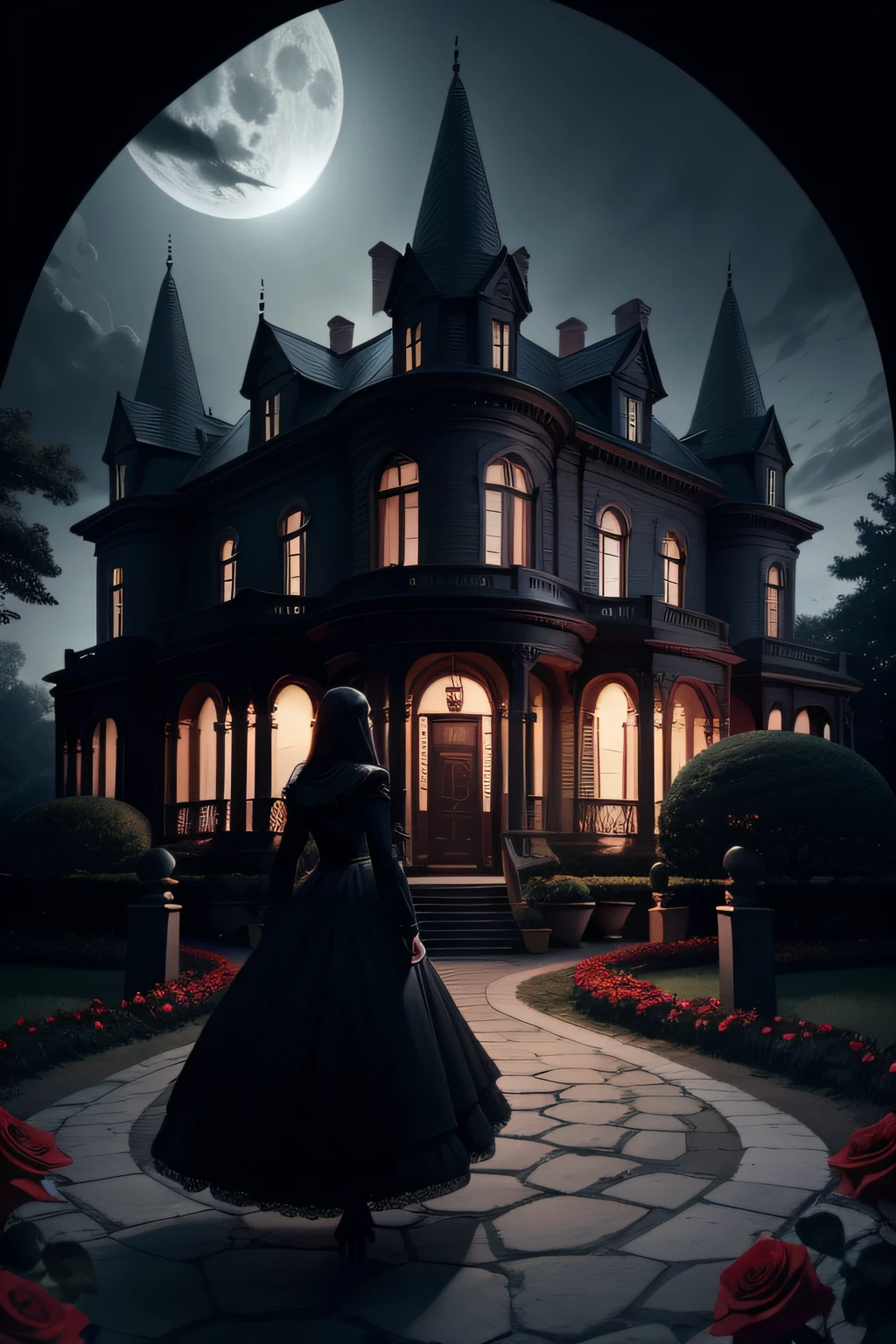 mansion with high towers dark black full moon night with red rose garden up to the entrance of the mansion, Woman with black hair heading towards the front door