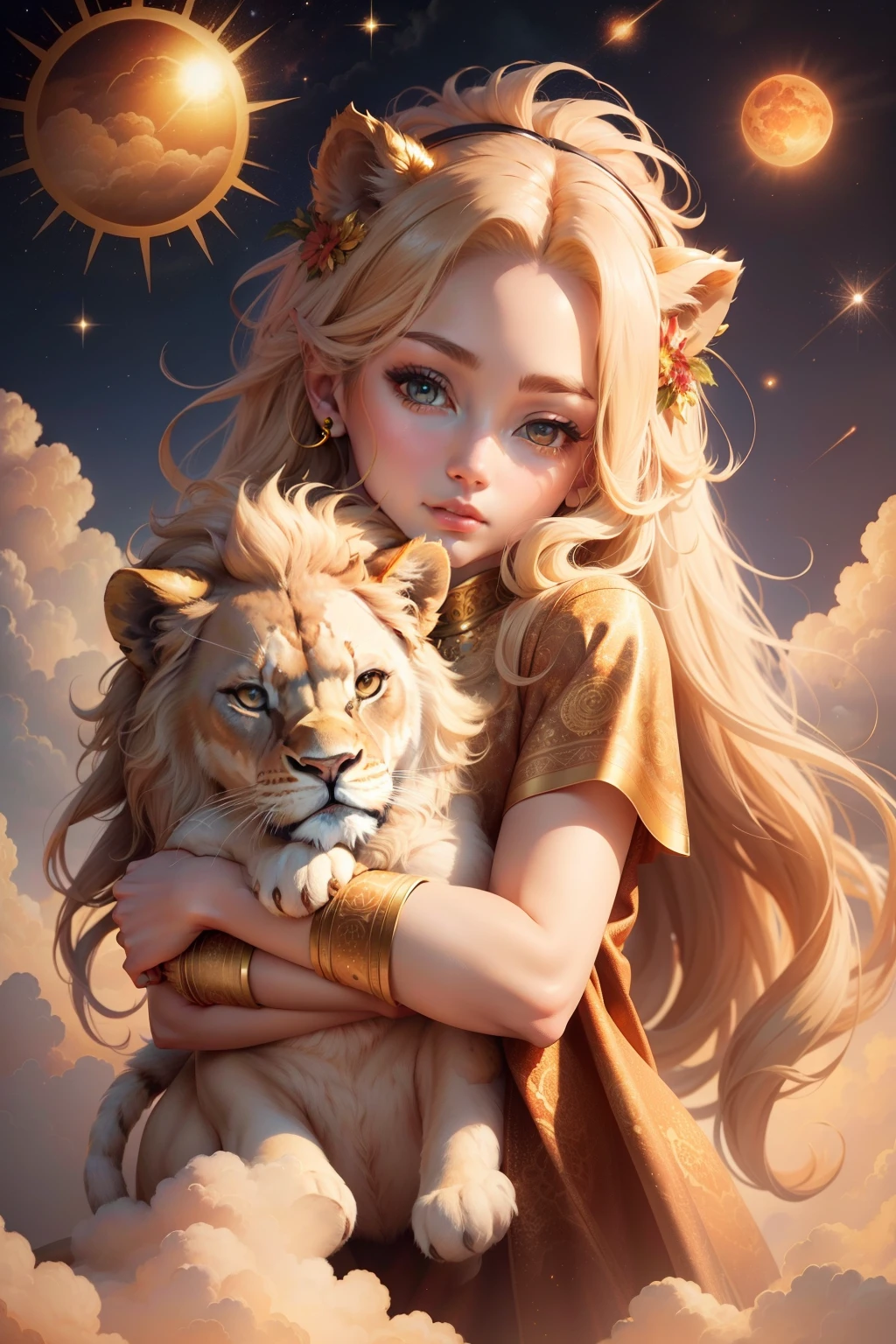 Art pattern with gold, clouds, cosmos, zodiac lion, sun, mars, beautiful, dreamy