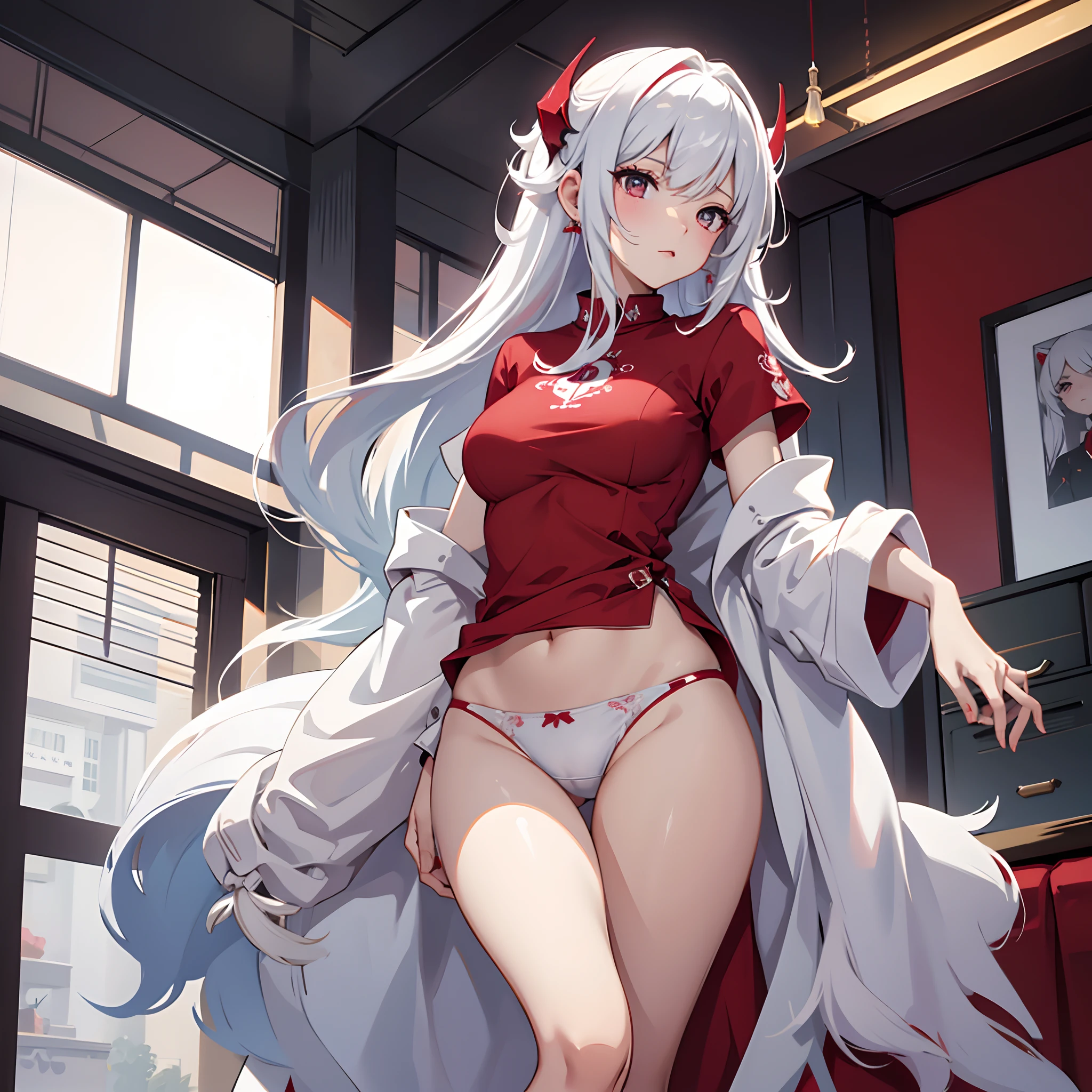 tmasterpiece, hiquality, detailing, A girl, white panties, Red shirt, backboob, Indoors, white colored hair, spreading legs, perineum