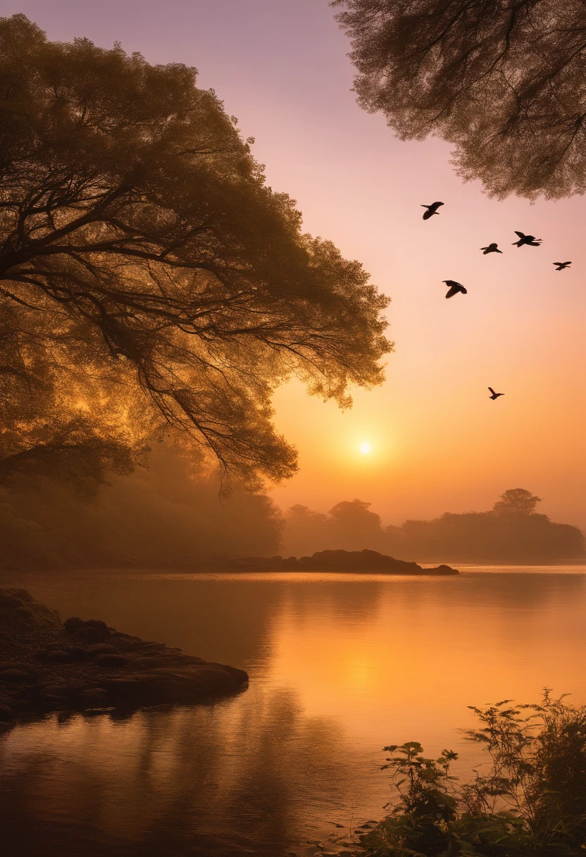 Tranquil setting at dawn, Soft golden tones depict the horizon as birds sing, Imagem no formato de 2560 x 1440 pixels