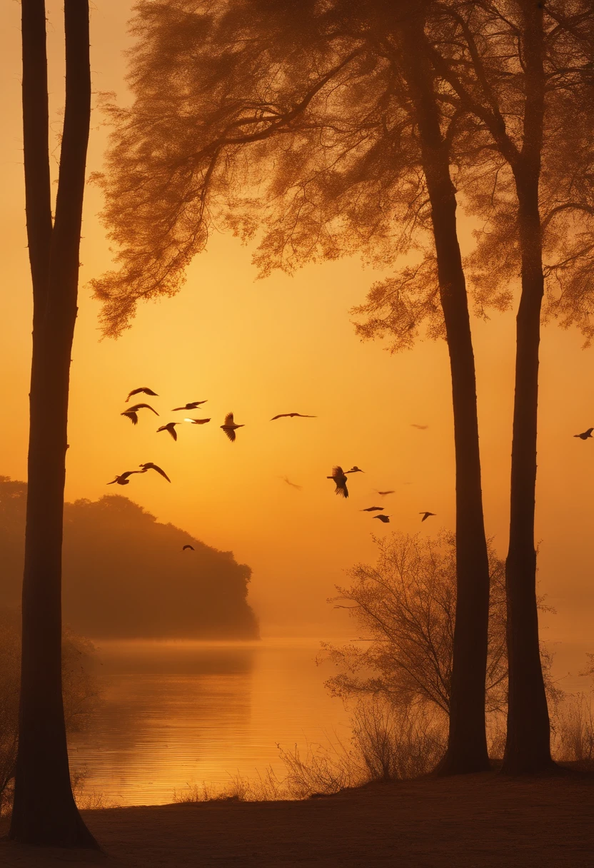 Tranquil setting at dawn, Soft golden tones depict the horizon as birds sing, Imagem no formato de 2560 x 1440 pixels