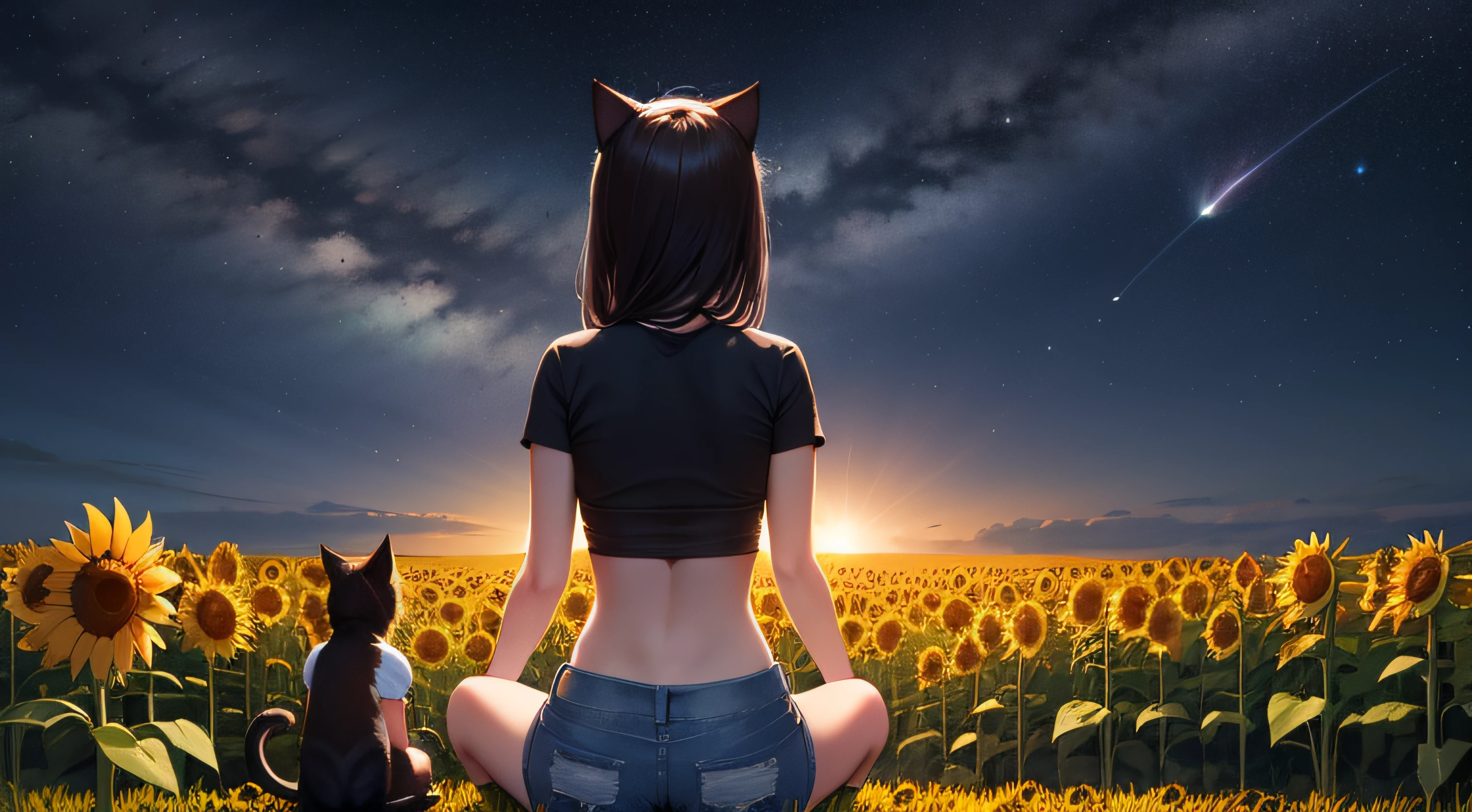 cropped backview, girl with a cat head, cat ears, wearing a plain black cropped top with short sleeves, short denim shorts, sitting in the middle of a field of sunflowers, on a starry night with a view of the milky way