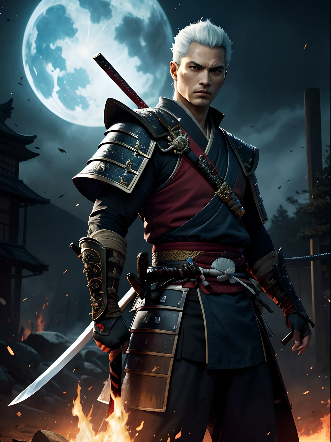 master part, rosto de Vergil, cabelo de samurai, Armadura Samurai, Estilo de pintura extremamente detalhado, The katana is in the right hand, The katana is on fire, The fire is blue, The fire is very bright, personagem realista, heroic, epic pose, Twilight in the sky