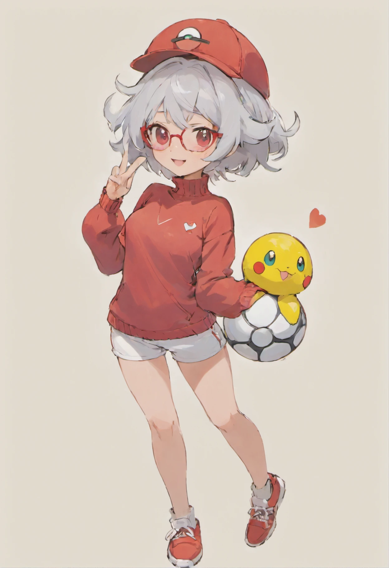Red Baseball Cap.White shorts Stick your right hand forward,Turtleneck knitwear,Red glasses,Hi-Res, 1womanl,Pose with your right arm stretched forward, 独奏,Holding a Poké Ball in Your Hands, grey eyes, white hair, Red glasses,Red Baseball Cap, Red knitted turtleneck with long sleeves, White shorts, a belt, Grassy, deph of field, The best smile, Stick out the arm holding the poké ball, put hands on the hip,