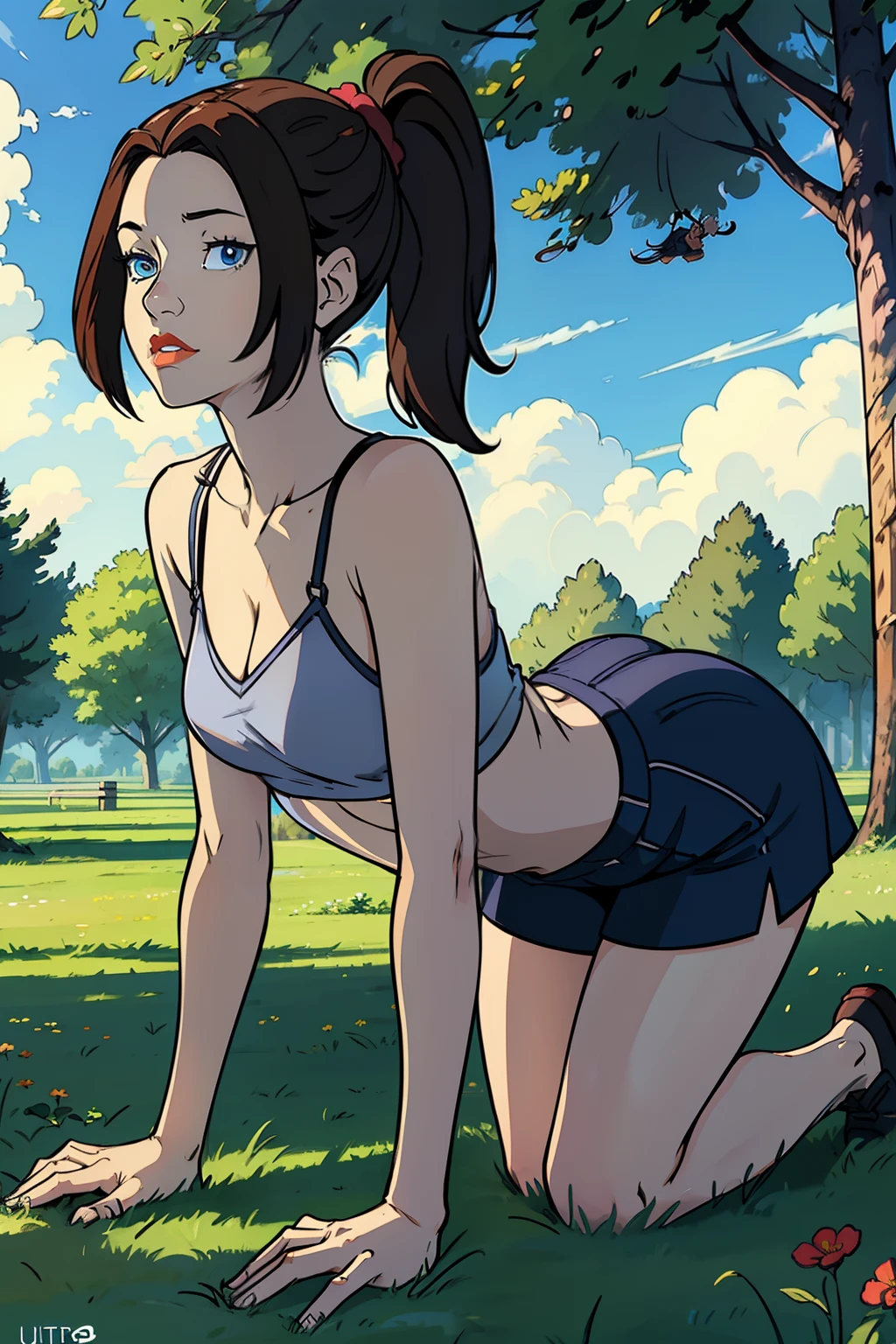 (masterpiece, best quality, ultra-detailed), 1girl, KittyPride, blue eyes, ponytail, looking at viewer, all fours, grass, trees, solo