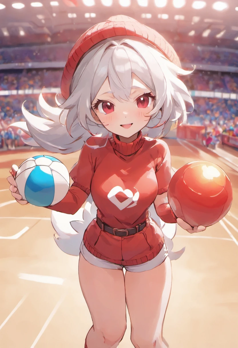Red Baseball Cap.White shorts with right hand thrust forward,Turtleneck knitwear,Red glasses,Hi-Res, 1womanl,Pose with your right arm stretched forward, 独奏,Holding a Poké Ball in Your Hands, grey eyes, white hair, Red glasses,Red Baseball Cap, Red knitted turtleneck with long sleeves, White shorts, a belt, stadio, deph of field, The best smile, Stick out the arm holding the poké ball, put hands on the hip,