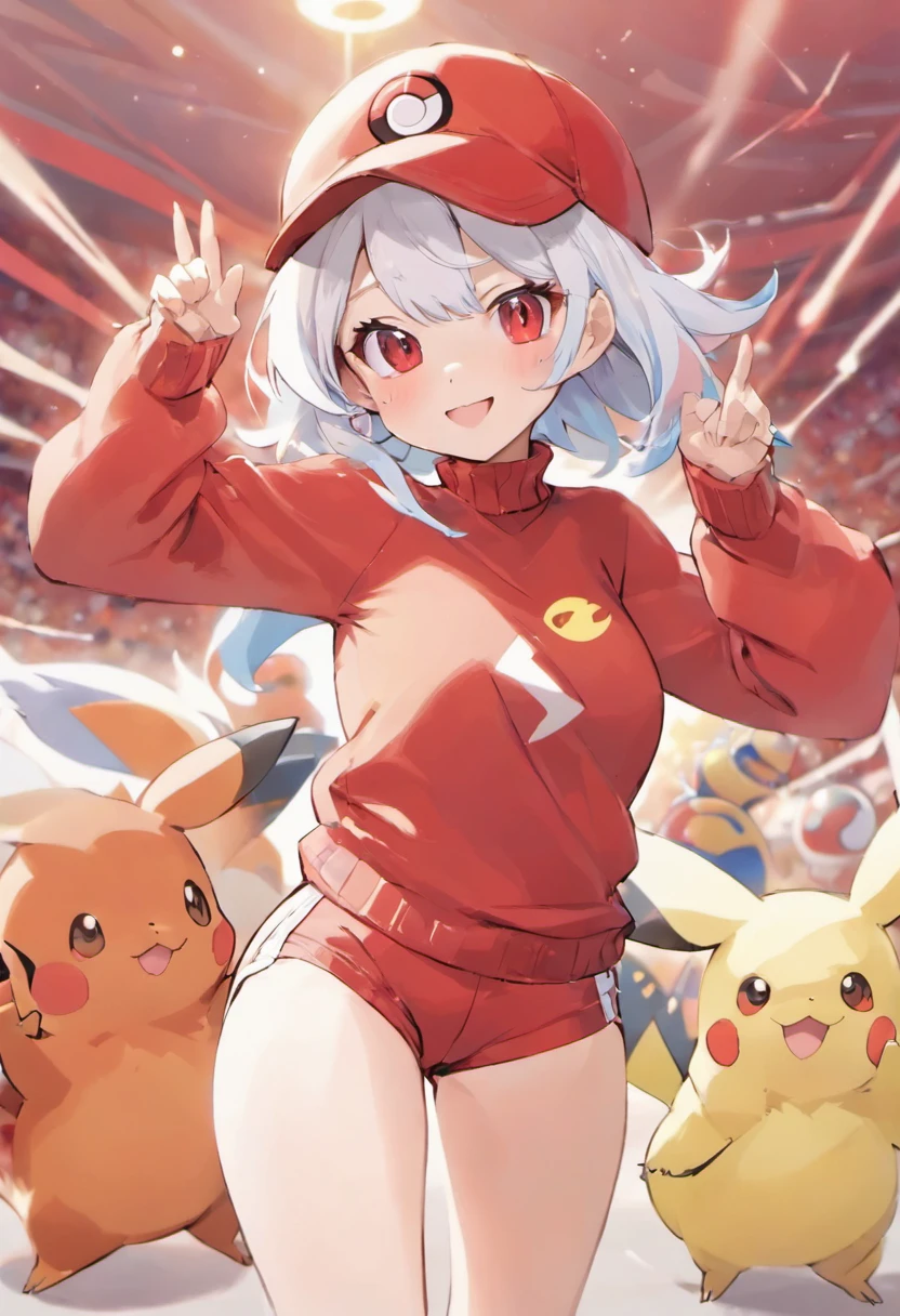 Red Baseball Cap.White shorts with right hand thrust forward,Turtleneck knitwear,Red glasses,Hi-Res, 1womanl,Pose with your right arm stretched forward, 独奏,Holding a Poké Ball in Your Hands, grey  eyes, white  hair, Red glasses,Red Baseball Cap, Red knitted turtleneck with long sleeves, White shorts, a belt, stadio, deph of field, The best smile, Stick out the arm holding the poké ball, put hands on the hip,