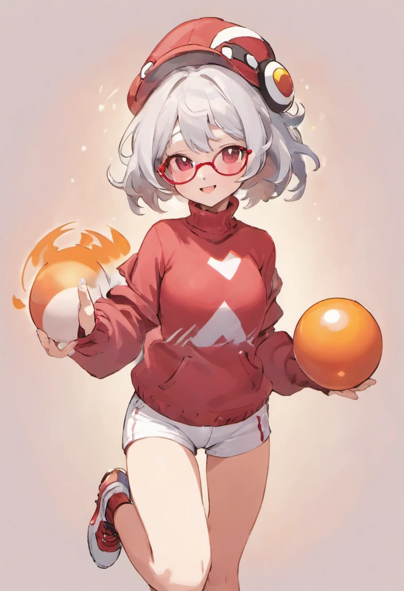 Red Baseball Cap.White shorts with right hand thrust forward,Turtleneck knitwear,Red glasses,Hi-Res, 1womanl,Pose with your right arm stretched forward, 独奏,Holding a Poké Ball in Your Hands, grey  eyes, white  hair, Red glasses,Red Baseball Cap, Red knitted turtleneck with long sleeves, White shorts, a belt, stadio, deph of field, The best smile, Stick out the arm holding the poké ball, put hands on the hip,