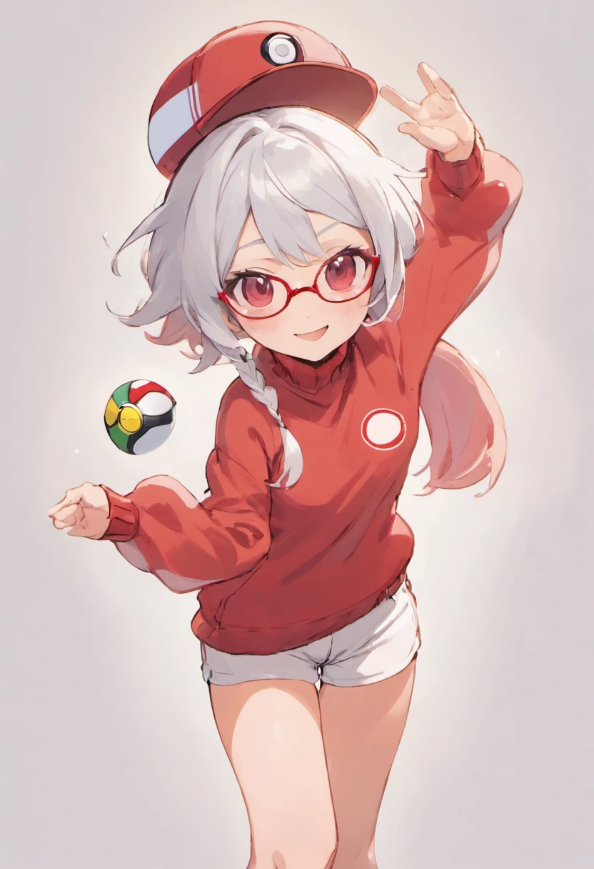 Red Baseball Cap.White shorts with right hand thrust forward,Turtleneck knitwear,Red glasses,Hi-Res, 1womanl,Pose with your right arm stretched forward, 独奏,Holding a Poké Ball in Your Hands, grey eyes, white hair, Red glasses,Red Baseball Cap, Red knitted turtleneck with long sleeves, White shorts, a belt, stadio, deph of field, The best smile, Stick out the arm holding the poké ball, put hands on the hip,