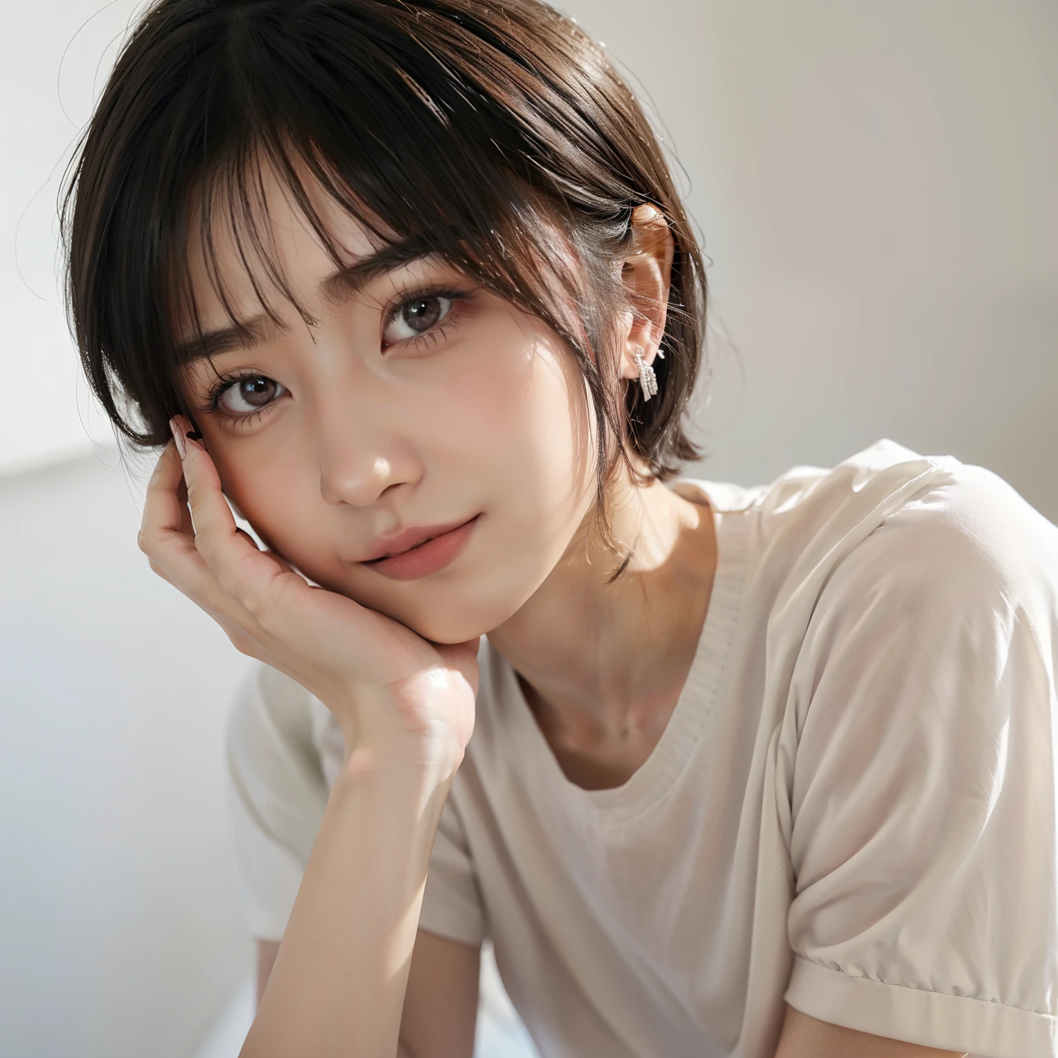 A beautiful Asian girl with a soft smile, brown hair behind ears, white skin, smooth skin, medium breasts size, wearing  gray sleeveless shirt, black pants, sitting in the bus, dutch angle, overexposure, caustics, depth of field, motion blur, UHD, retina