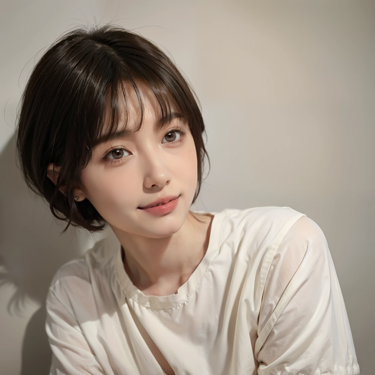 Woman in her early 30s、Dark brown hair、short hair、simple((masterpiece、highest quality、Very detailed、High resolution、Realistic、Sharp focus、Cinema Lighting))、(1 girl)、Bust Shot、Beautiful Face、Realistic Face、(Black Hair、ボーイッシュなshort hair、Cut out)、Beautiful hairstyle、Realistic eyes、Fine and beautiful eyes、Realistic Skin、Beautiful Skin、sweater、Confused、charm、Golden Pixie Cut Maste Piece, highest qualityの, High freshness)), One girl, (It's photorealistic: 1.4), 服Autumn Clothes、ベリーshort hair、Light Hair、Hair with movement、Berry Short、Extremely short hair、Solo, Background whiteい, Pure white background, A happy smile, A happy smile, きれいなBlack Hair, Short Hair, Big eyes, Clear double eyelids, False eyelashes, Sticking out ears, Long neck, Long neck, breast enhancement, (Draw the whole head,), 19 year old, charm的なプロポーション, Shiny skin, Beautiful collarbone, Golden ratio face, Perfect Face, Teardrop Mole, Mole on chest, Bangs, Beautiful bangs, Beautiful bangs, Lip gloss, Thin lips, Fair and shiny skin, Small breasts、 same, Small Face, Small Face, All heads are painted, The shoulders are all drawn, Looking slightly above the camera??Hair Catalog、Background white、breast enhancement、Autumn Clothes、knit、画角breast enhancement、Hair Model、breast enhancement、Photo of Hiki、High neck clothing、Very short hairVery shortVery shortVery short hair、リップラインくらいのshort hair