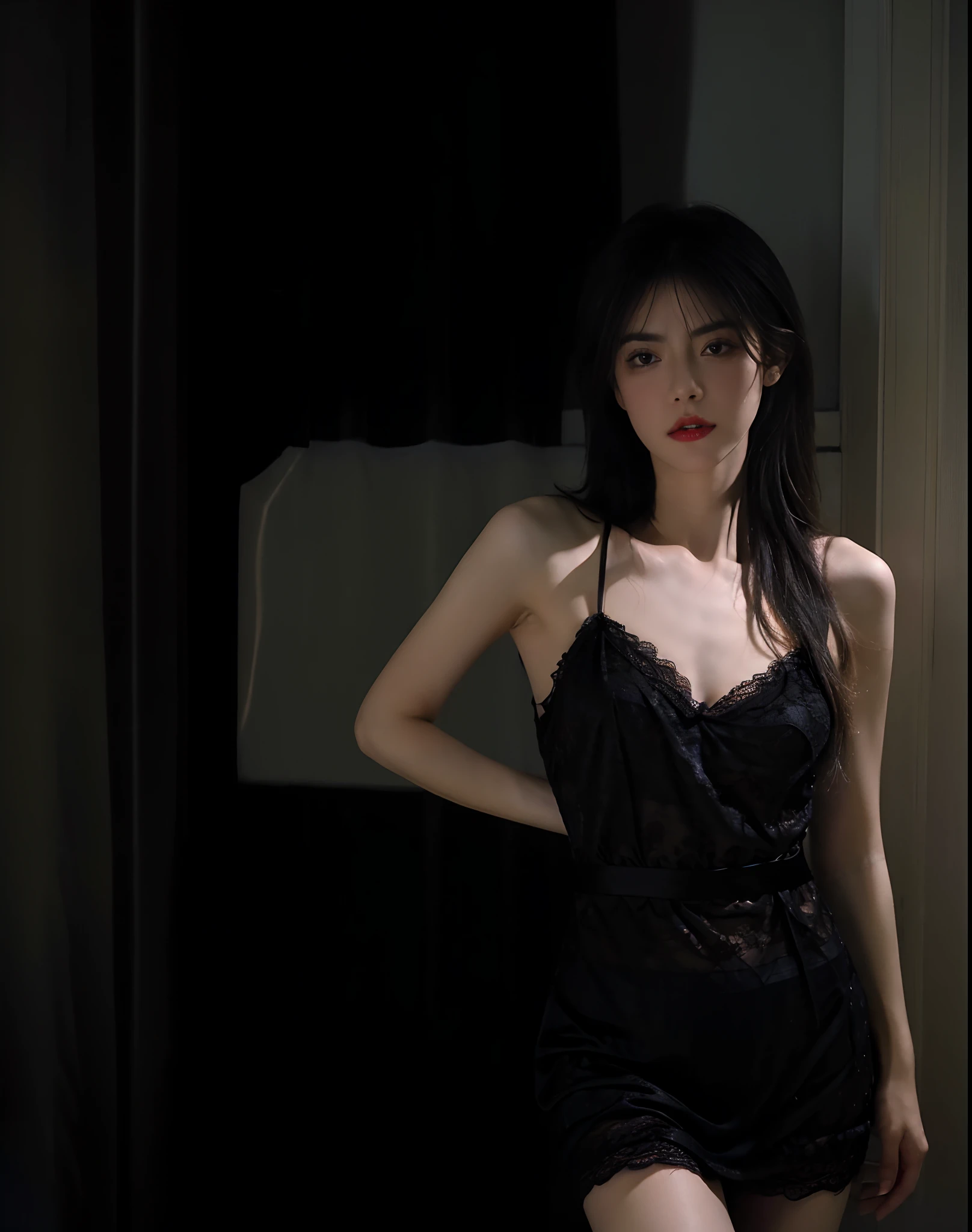 Best quality, masterpiece, ultra high res, (photorealistic:1.4), raw photo, 1girl, ((black lace nightgown)), ((small breast)), cold light