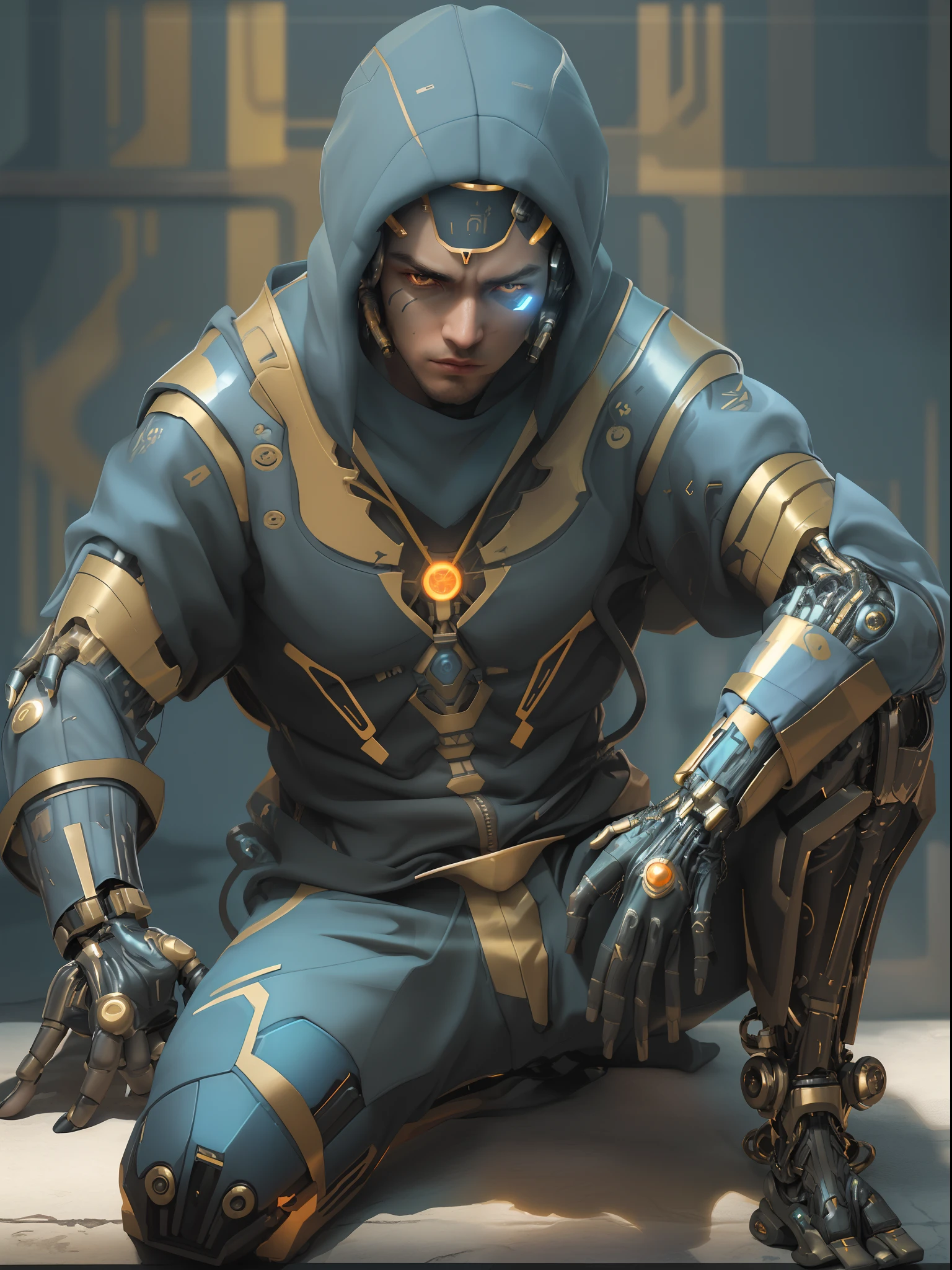 male Cyber Ninja, Cybernetic Mercenaries, Human mercenaries with cybernetic implants and body augmentations, Golden age Voluminous, Berber, Brown eyes, Unlobed Ears, Nostril Narrow Nose,    Curved Forehead,  Sculpted Quadriceps, , Tangerine Choppy crop hair, Anticipation,, Relaxed Rest, Character sits or leans against a surface, looking calm and at ease.,  wearing  Programmable Bioluminescent Pants, PowderBlue Tech-Mesh Varsity Jacket, , , , Divine Invocation, Kneeling with reverence, calling upon deities
