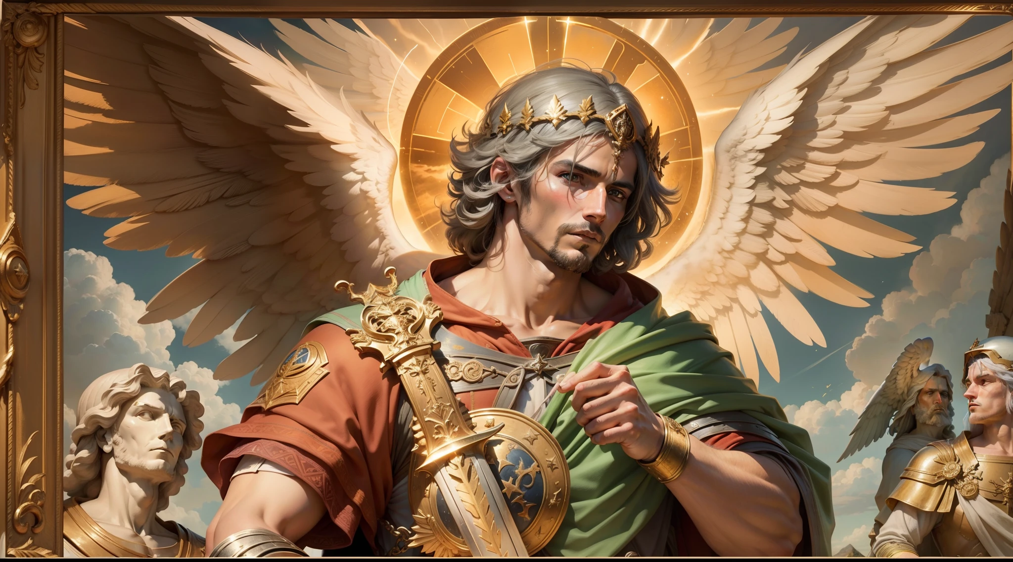 Closeup of an image a man angel with a large and long sword with attack position in right hand, in the other left hand holding a symbol of a scale, Angel dressed as a Roman soldier looking at the ground, arcanjo homem com asas grandes, o anjo da fortuna, perfeito, Reslistic, Biblical setting, celestial scenery, sol e nuvens ultras realistas, flores e velas, illuminated archangel of heaven, Passes in the background, flores coloridas, velas acesas, roupas brancas e vermelhas