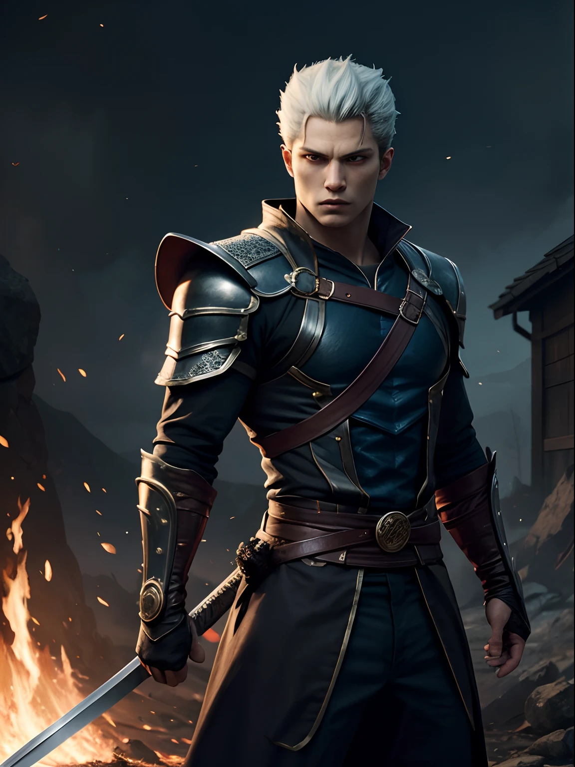 master part, Vergil como espadachim sombrio, Armadura leve com capuz, Estilo de pintura extremamente detalhado, The katana is in the right hand, The katana is on fire, The fire is blue, The fire is very bright, personagem realista, heroic, epic pose, Twilight in the sky