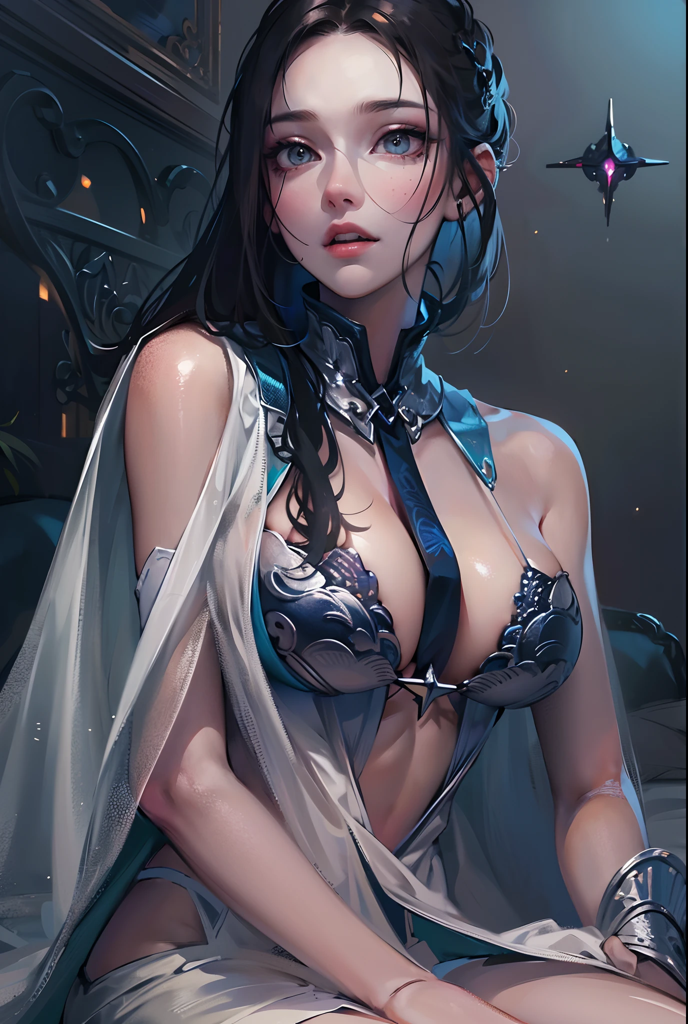 ((tmasterpiece)),(Best quality at best),(A half body),looks away,(ultra intricately detailed),(Highest definition),(8K),(Clean lines),(Perfect facial features,Perfect flesh),(offcial art),1Blittle girl,Great Magician,Star magic,Peerless beauty,magnificent robe,paleskin,authoritative,Dark blue style,Empty,Solitude,galactic,Have a keen insight into things,Extremely gorgeous,Bare shoulders,(A sexy pose,Lying on the bed in disheveled clothes)