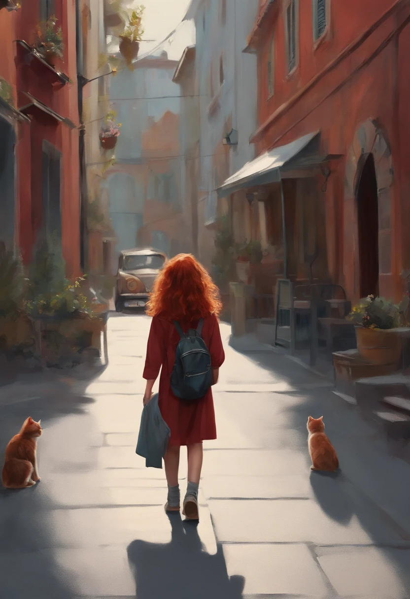 Red-haired girl concentrating on poster while walking down street drawing gray cat