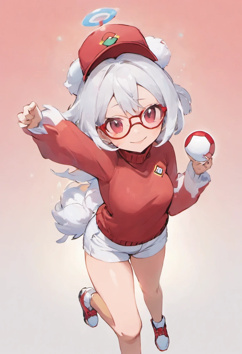 Red Baseball Cap.White shorts with right hand sticking forward,Turtleneck knitwear,Red glasses,Hi-Res, 1womanl,Pose with your right arm stretched forward, 独奏,Holding a Poké Ball in Your Hands, grey eyes, white hair, Red glasses,Red Baseball Cap, Red knitted turtleneck with long sleeves, White shorts, a belt, stadio, deph of field, The best smile, Stick out the arm holding the poké ball, put hands on the hip,