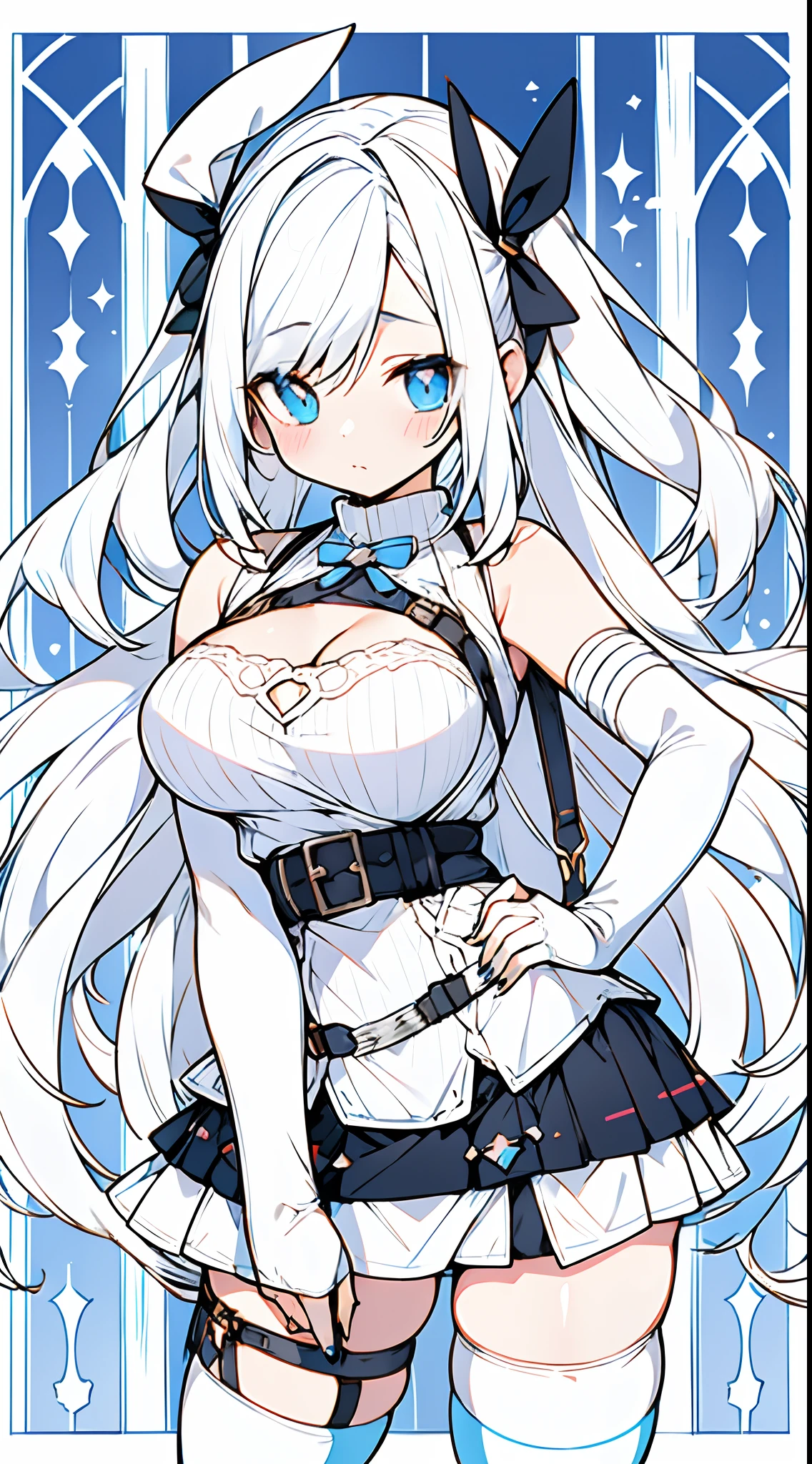 white tight sweater with boob window, light blue harness on chest, chest harness, belt on chest, black fingernails, fashion (((white skirt))), the skirt is white, mismatched thigh high stockings, cute blue wings on her back, with bandaids, adhesive bandages, cleavage_cutout, mismatched_legwear, asymmetrical_legwear, menhera