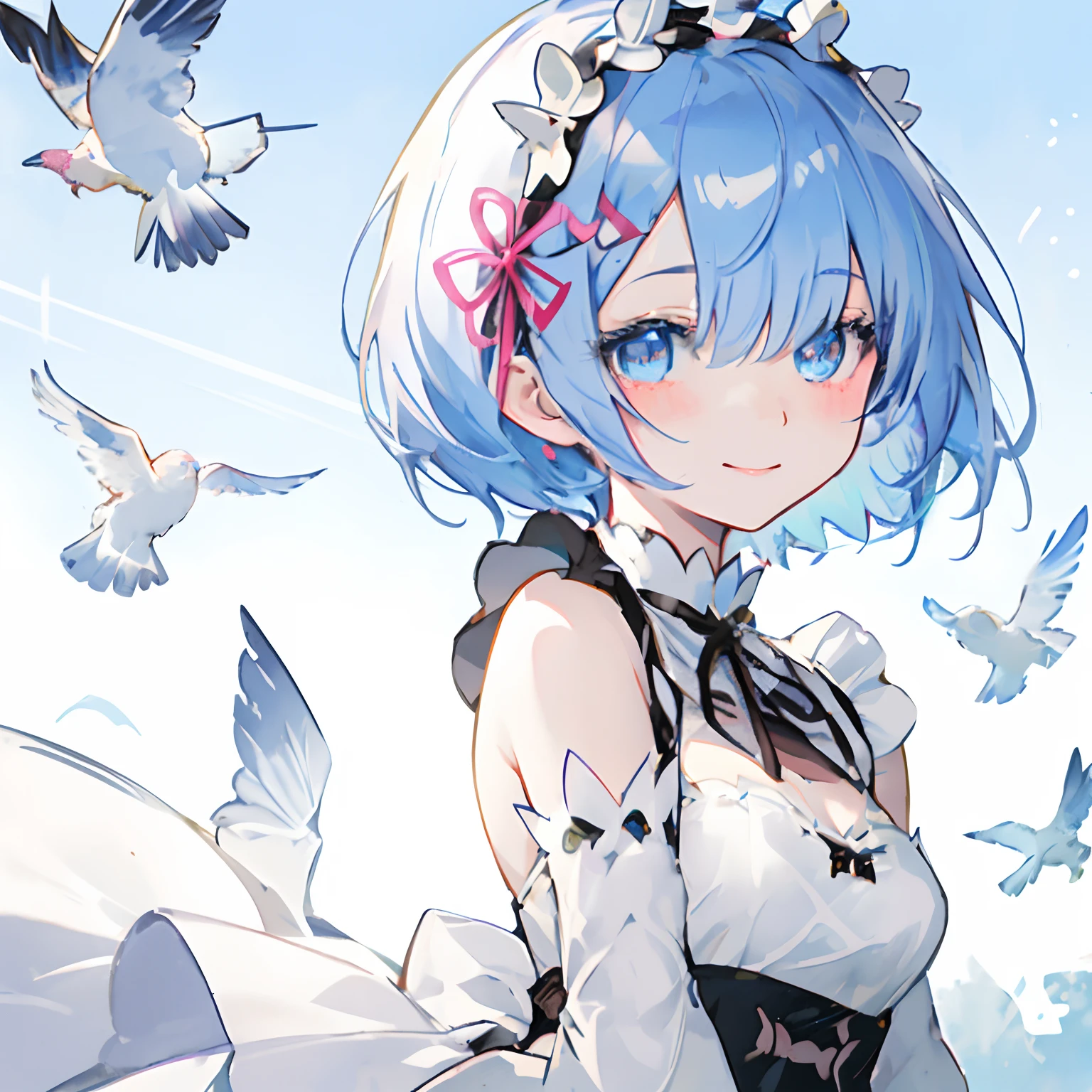 best quality,manga,Re:ZERO -Starting Life in Another World,lem,pixiv art,anime art,delicate illustration,unity 8k wallpaper,ultra delicate line drawing,kawaii,kawaii girl,happy smile,blush,eyes focus,portrait,ultra detailed,pupils sparkling eyes,light blue hair,shiny short hair,maid long frill dress, with open neckline,angel wing,Glitter effect,high key lighting,high saturation,stylish ambiance,cinematic feel,depth of field,sky,park,pigeons fly,wind,manga,pixiv art,best quality,dreamy watercolor,beautiful detailed eyes,cinematic lighting