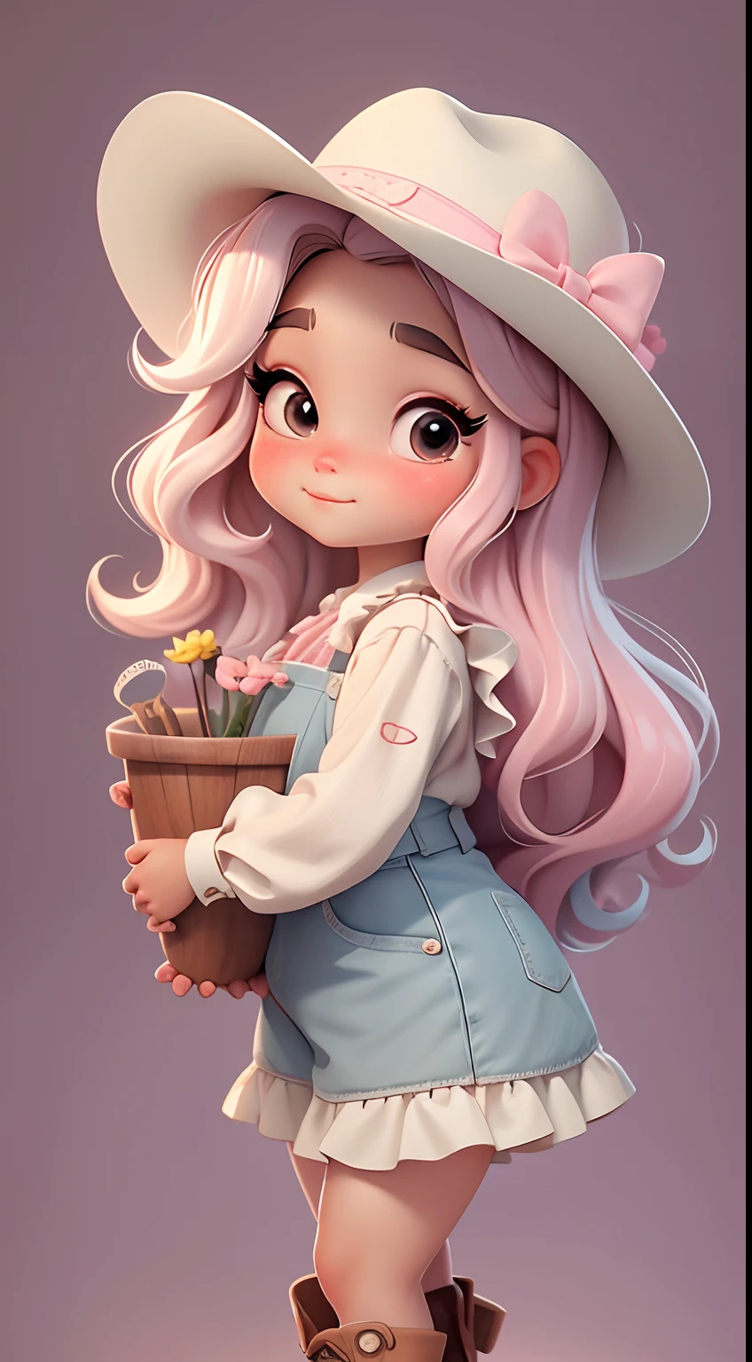 Create a series of dolls afro black skin chibi style cute baby with a cute cowgirl theme, each with lots of detail and in an 8K resolution. All dolls should follow the same solid background pattern and be complete in the image, mostrando o (corpo inteiro, incluindo as pernas: 1.5)

Boneca cowgirl: Chame-a de Mia. She should have medium wavy mixed hair. Seus olhos devem ser grandes e curiosos, with long eyelashes and slightly pinkish cheeks. Mia should be dressed in a delicate jumpsuit, cowboy boot and a polka dot blouse and a cowboy hat is cute. She must hold farm accessories. Add details like pockets and ruffles to the apron to make it even more charming, sapato bonito

Certifique-se de adicionar sombras, texturas e detalhes nos cabelos, roupas, Cute cowboy utensils, to make them even more adorable and charming.