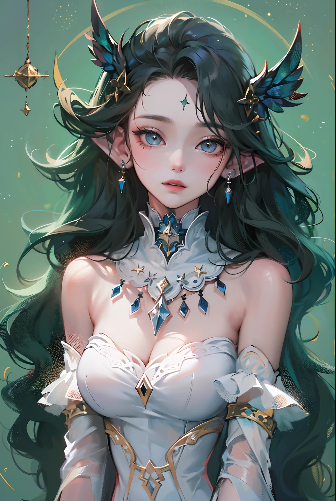 ((tmasterpiece))，(Best quality at best)，(A half body)，looks away，(ultra intricately detailed)，(Highest definition)，(8K)，(Clean lines)，(Perfect facial features，Perfect flesh)，(offcial art)，1Blittle girl，Great Magician，Star magic，Peerless beauty，magnificent robe，Bloodless pale skin，Empty eyes，authoritative，Dark blue style，Empty，Solitude，galactic，Have a keen insight into things，Extremely gorgeous，Bare shoulders，Bare legged