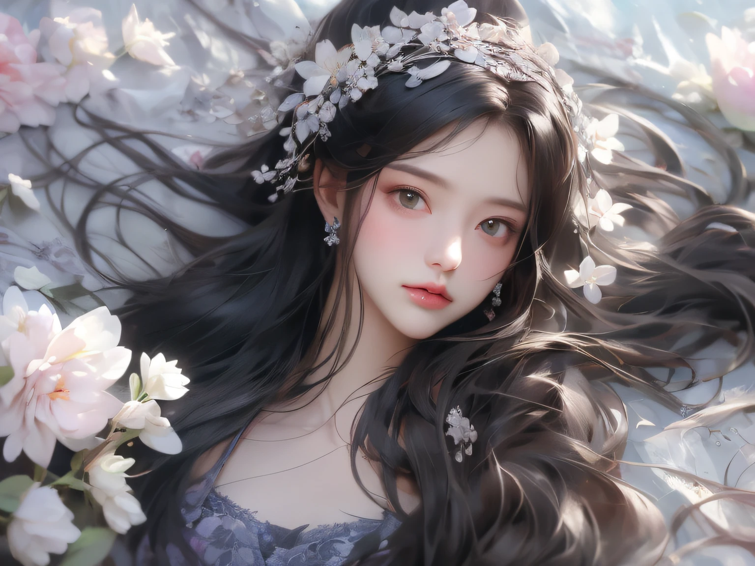 1个Giant Breast Girl，Close-up of upper body portrait，black color hair，floated hair，Hazy beauty，Extremely beautiful facial features，Purple embroidered dress，with a hairpin on her head，Lying in the flowers，Perfect anatomy，White flowers，（springtime， rainy days， terraced， mountain ranges）， Simple vector art， Contemporary Chinese art，  the soft light， Tangled scarves，Overlooking