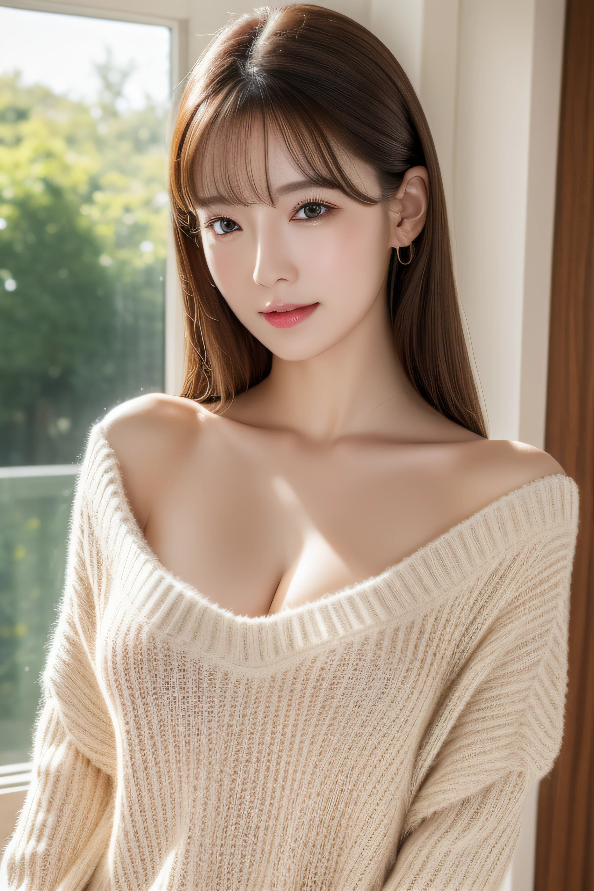 dessus de la table, best quality, photorealistic, finely detailed, high resolution, Fonds d'8k screen, Composition dynamique parfaite, Beautiful detailed eyes, cheveux moyens, gros seins pleins, Random and sexy poses,Random situations、(Tight gray knits)、(Renflement mammaire 1.2)、un sourire、Paysage urbain、25 ans、(Yeux tombants 1.3)、Adult Beauty、Japonais