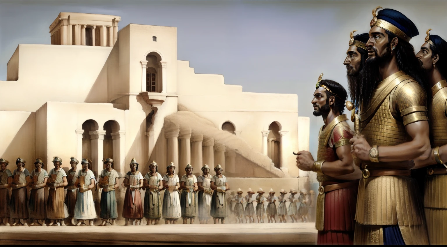 a painting of a group of people in front of a building, pisoteando uma cidade antiga, Zigurate, epic biblical representation, in a major mesopotamian city, historical artistic depiction, cena palaciana, ishtar gate, Directed by: John Moonan, Sumerian, Pintura de Golias, ancient mesopotamia, Reis antigos em vestes brancas