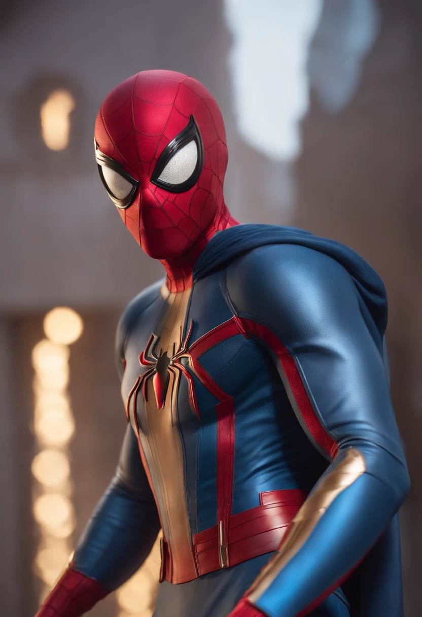 profesional photography, HDR,persona con un disfraz, rossdraws global illumination, cinematic render unreal engine, Spider-Man azul y amarillo, plata blanco y dorado, (predomine el color plata; 1.3)), ((golden symbol)), ( golden symbol: 1.7), armadura sucia, Destacado en CG Society, Armadura de cuero azul, Nuevo personaje, white lighting, action pose, pose de combate agregar efecto al final