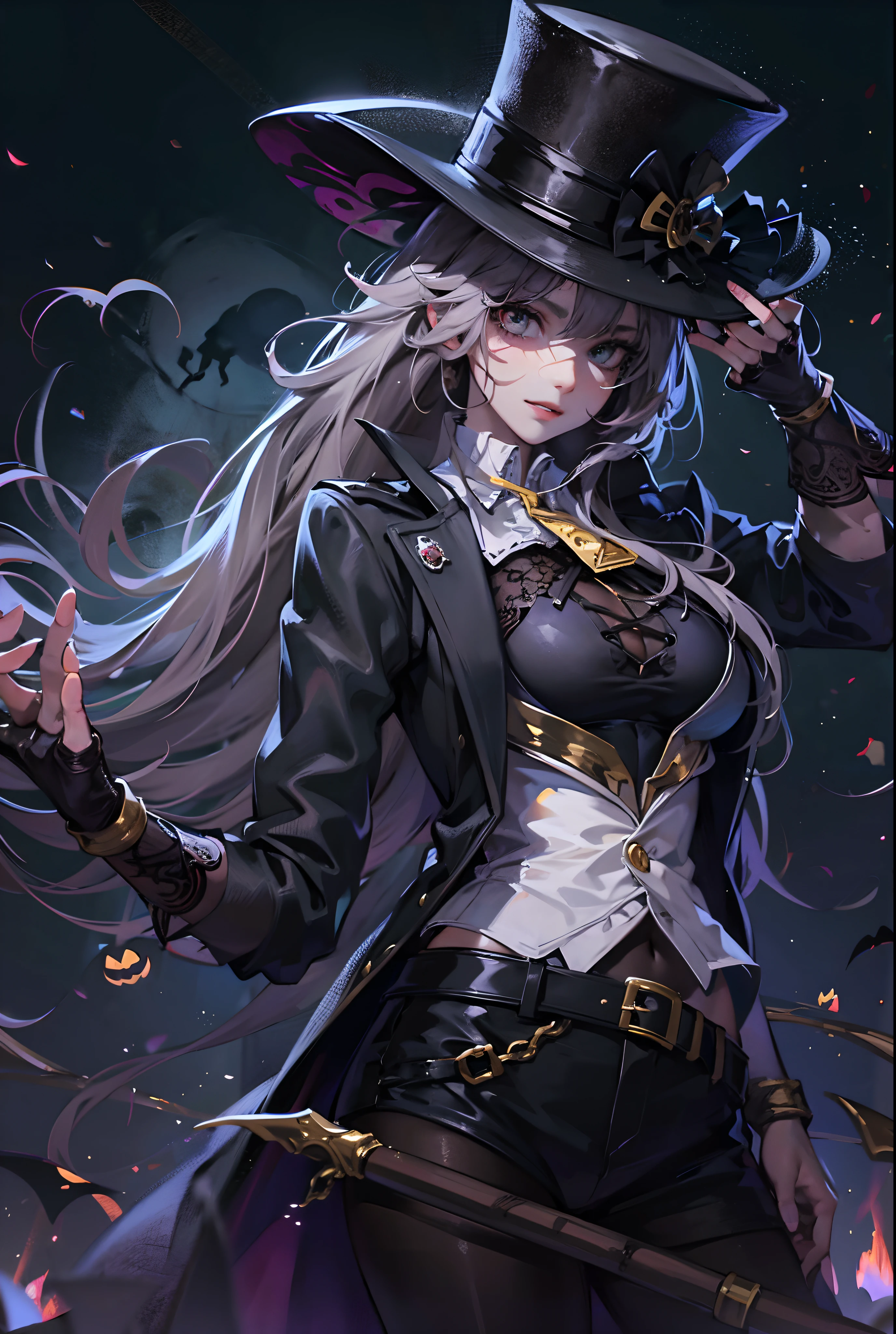 ((tmasterpiece))，(Best quality at best)，(A half body)，looks away，(ultra intricately detailed)，(Highest definition)，(8K)，(Clean lines)，(Perfect facial features，Perfect flesh)，(offcial art)，1Blittle girl，Flying axes，thief，Extremely long hair，Black mask，Nocturnal，Top hat，Master of trickery，mischief，Naughty trick-or-treating，magister
