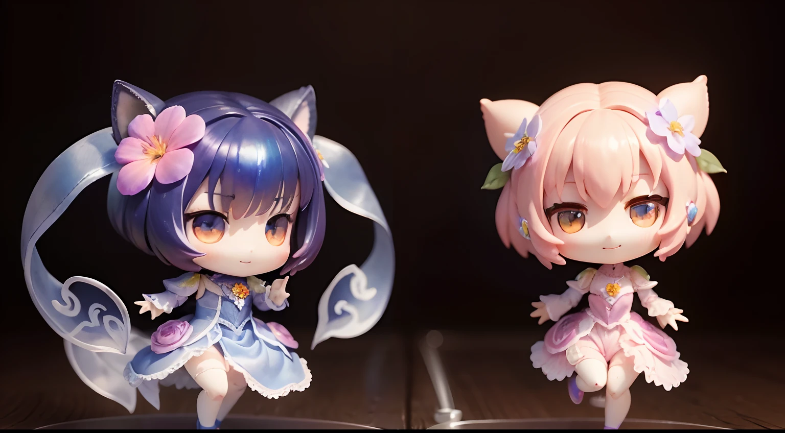 photoRealstic、Humanoid 2 bodies(nendroid)、A smile、watercolor Nendoroid、(High Definition Figure)、Flowing iridescent silk、Floral dress、Putting Hands Together to Make a Heart、Add a heart shape、Two Hearts、There are also flowers in front of the nendroids、flower petals